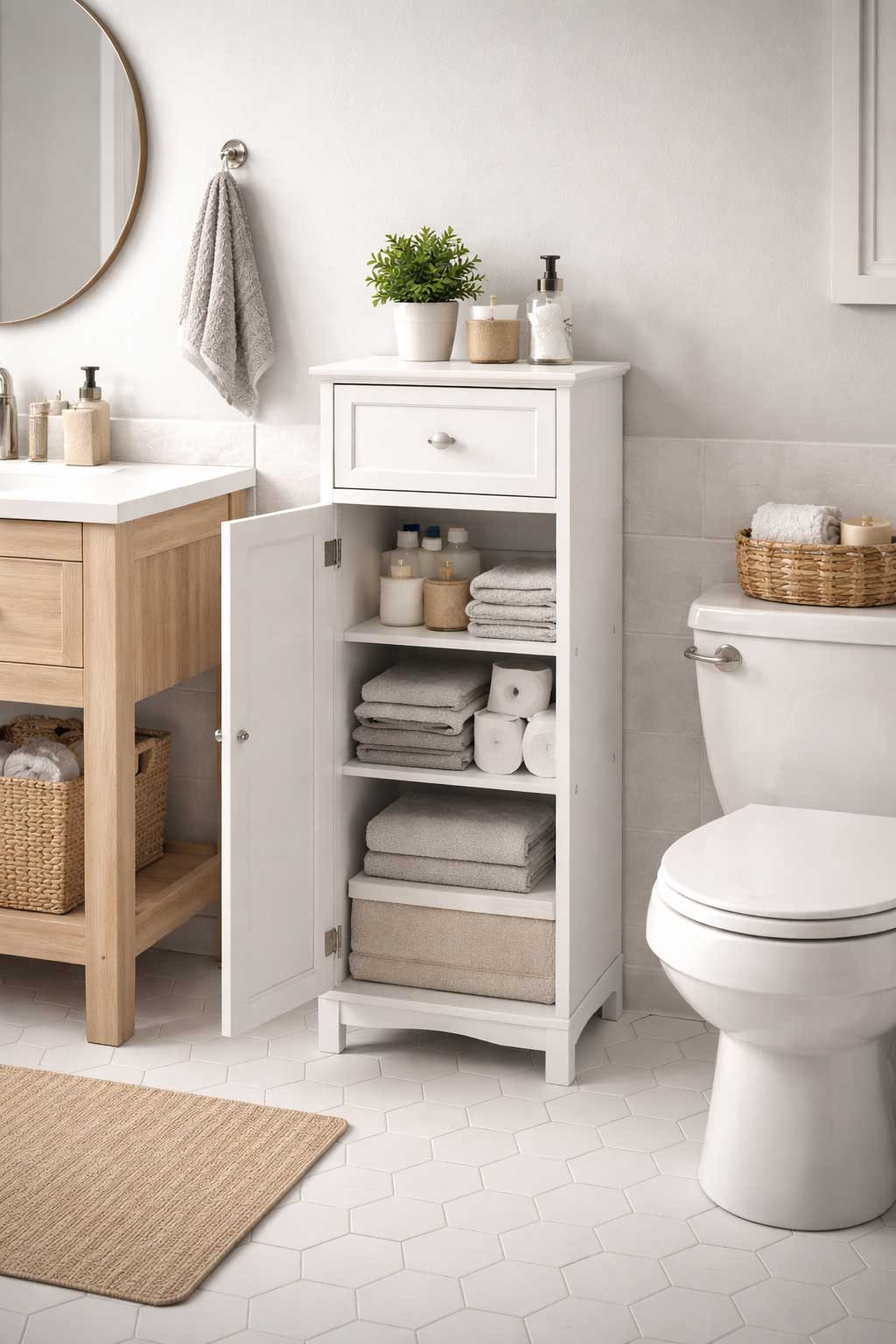 Small bathroom with a white freestanding storage cabinet beside the toilet, holding folded towels, toiletries, and extra toilet paper next to a light wood vanity.