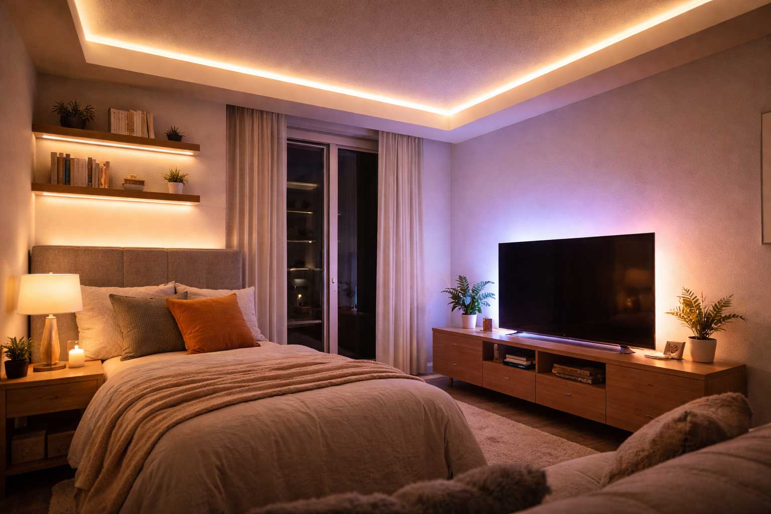 LED strip lighting installed along ceiling and behind TV in modern small apartment living room creating warm ambient lighting