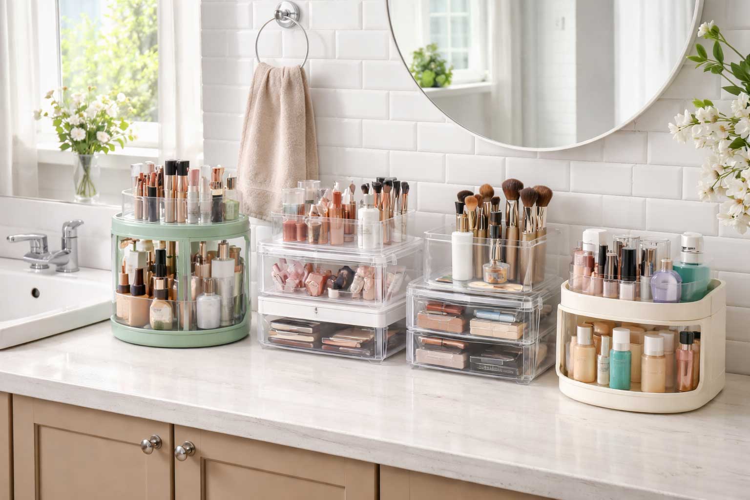 Modern apartment bathroom vanity with neatly arranged makeup organizers, including clear drawers, brush holders, and rotating storage on a bright white countertop.