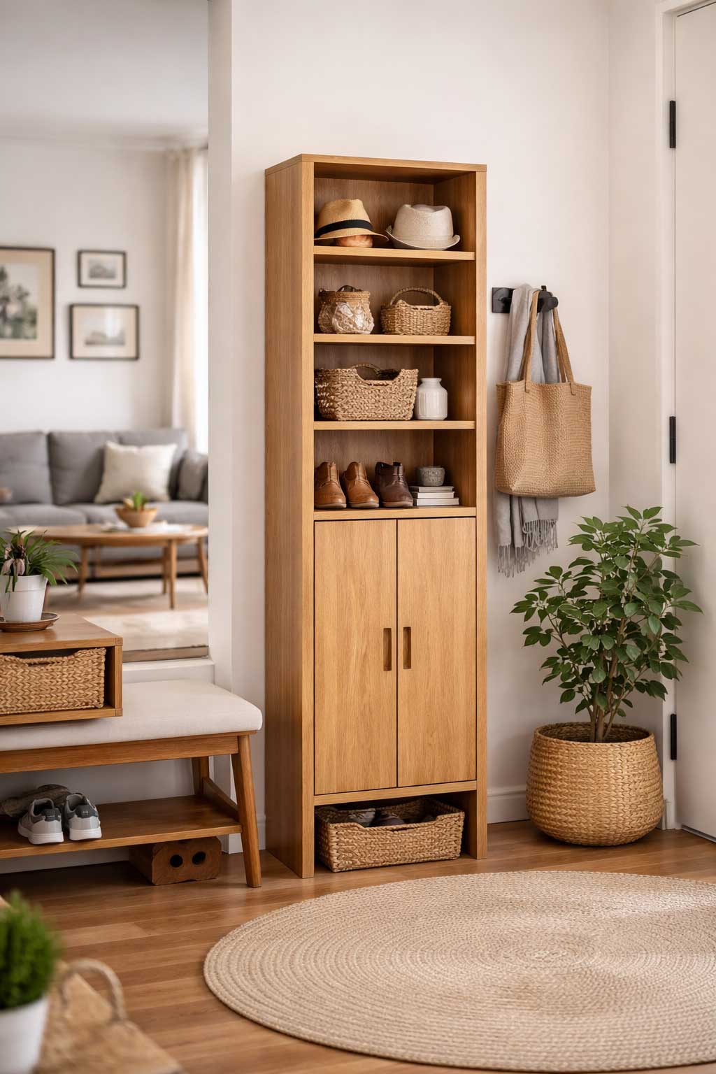 Natural apartment entryway with a tall narrow hall cabinet featuring open shelves and closed lower storage beside a bench, plant, and woven rug in a realistic small-space interior.
