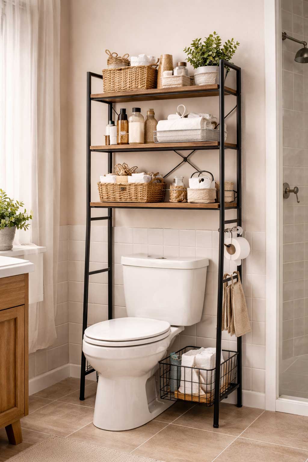 Small apartment bathroom with a freestanding over-the-toilet storage rack featuring shelves, baskets, and organized towels above a standard toilet