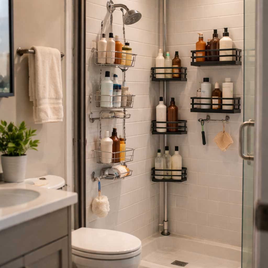 Small apartment bathroom with a glass shower featuring wall-mounted shower caddies holding organized toiletries and hanging bath accessories