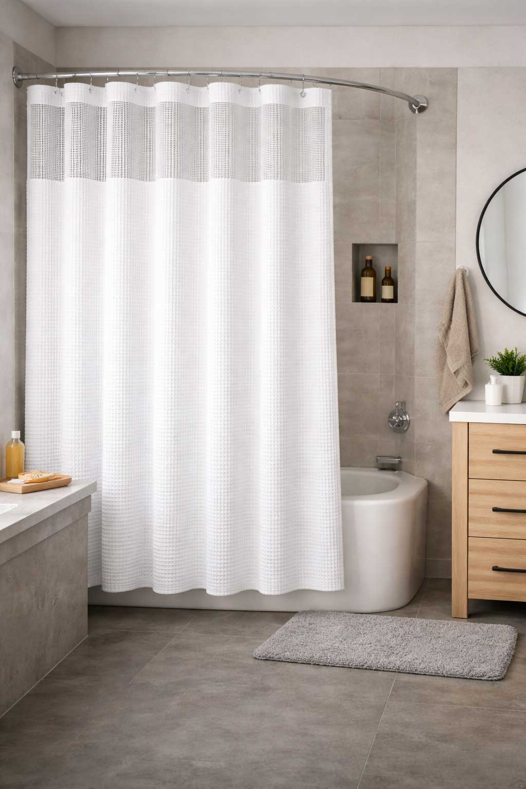 Small apartment bathroom with a white textured shower curtain on a curved rod over a tub, beside a light wood vanity and soft gray bath mat.
