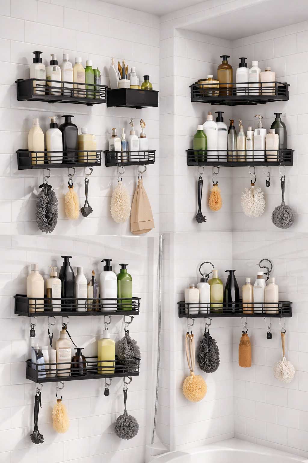 Small apartment shower with black wall-mounted shelves holding shampoo, body wash, and shower essentials, plus hooks underneath for loofahs and brushes.