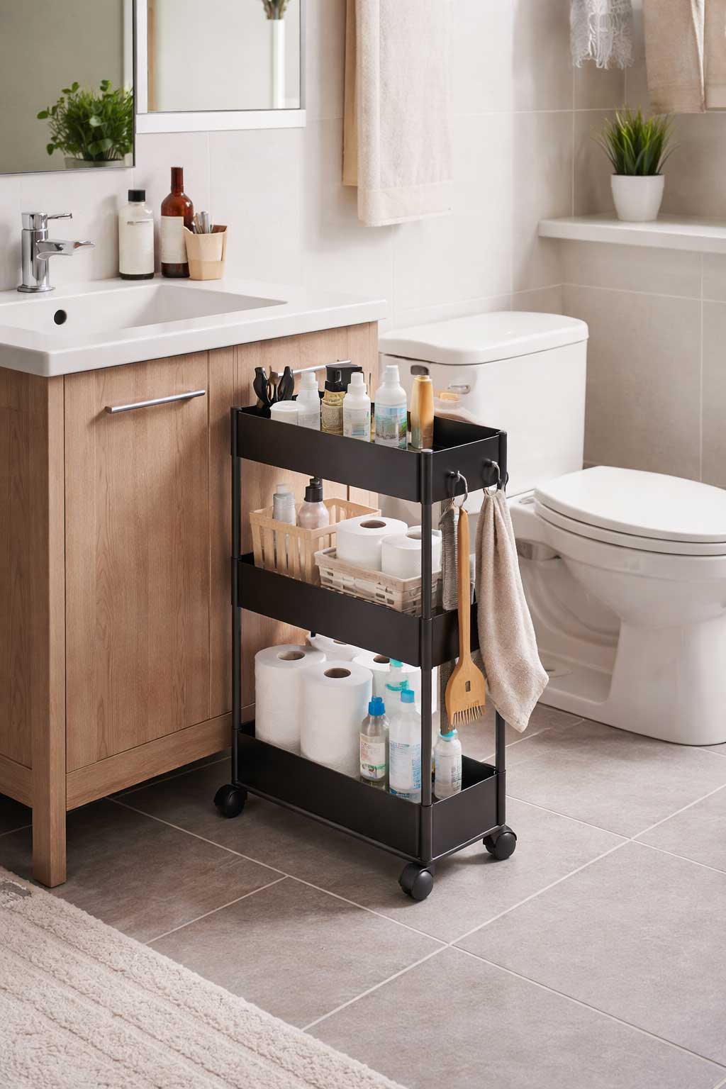 Small apartment bathroom with a narrow black rolling storage cart between the vanity and toilet, holding toiletries, toilet paper, and cleaning supplies.