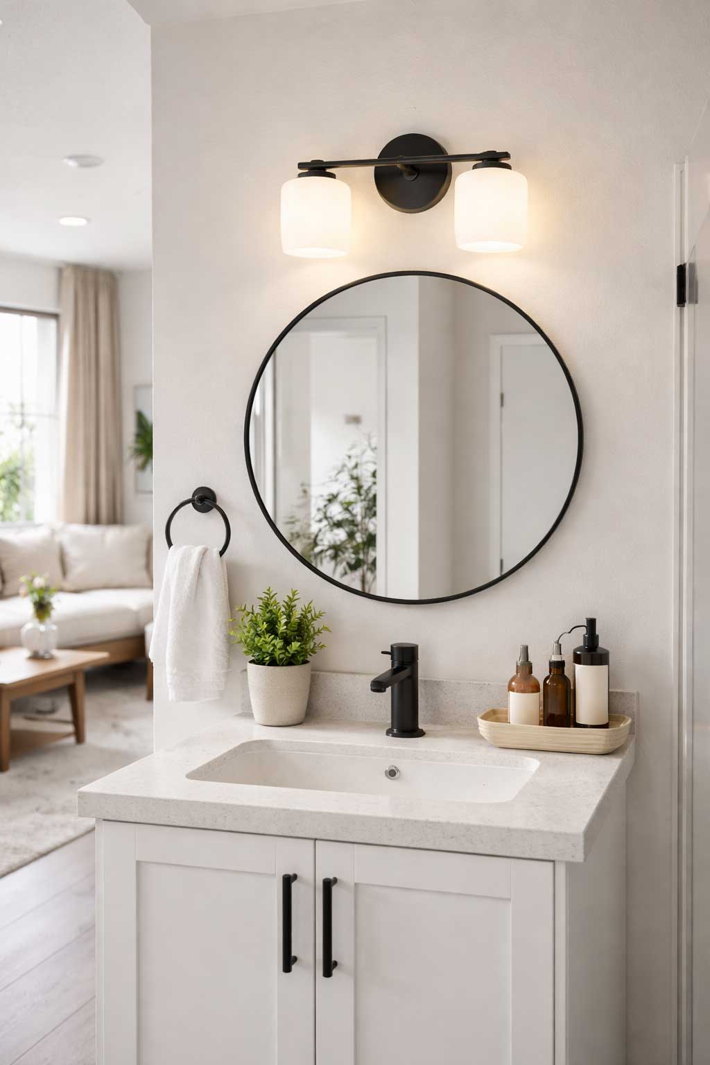 Small apartment bathroom vanity with a round mirror and compact matte black light fixture above the sink, opening into a bright condo-style living space.