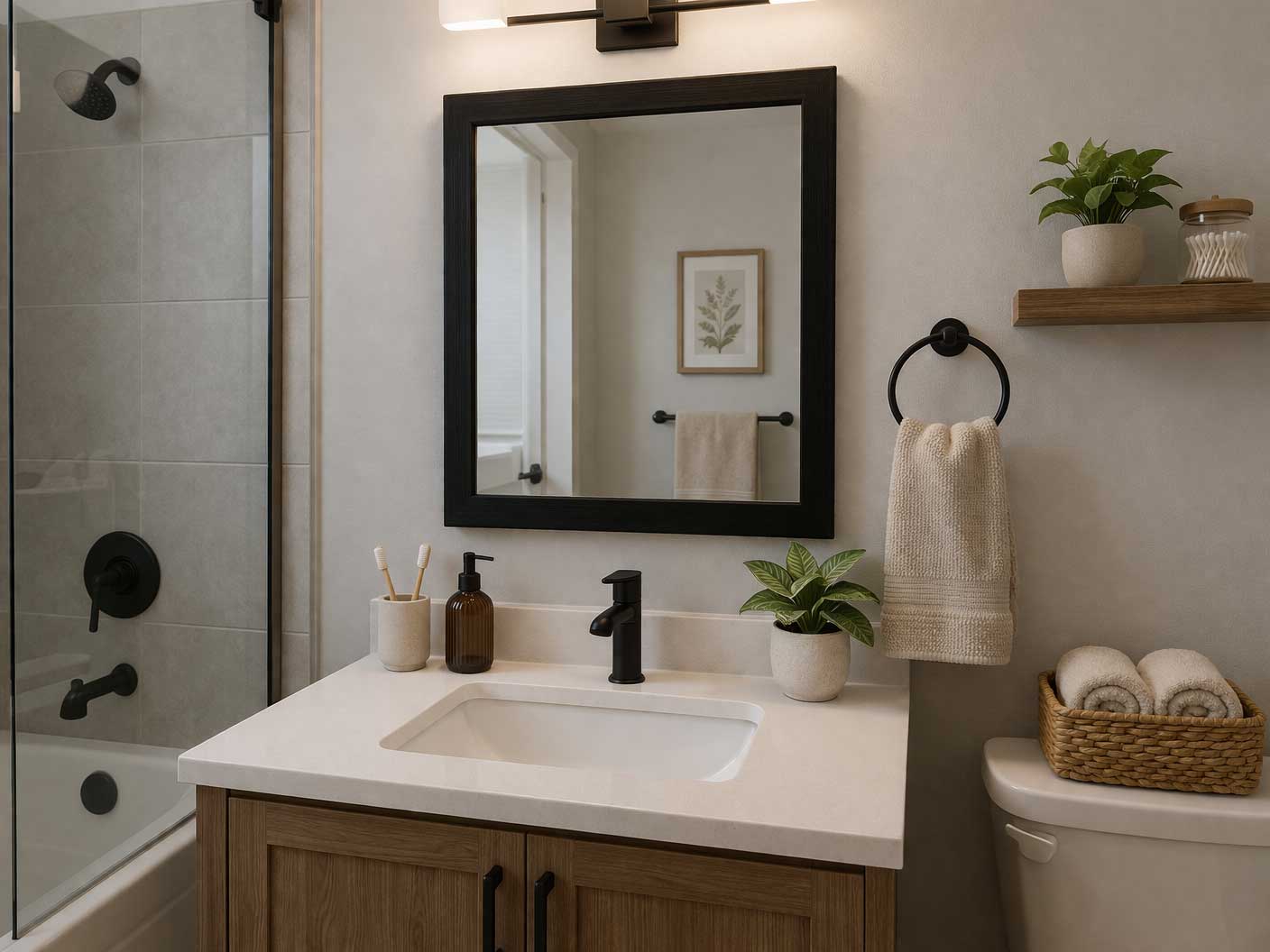Beautiful apartment bathroom with a wood vanity, black-framed bathroom mirror, matte black faucet, and soft neutral décor in a clean modern small-space layout.