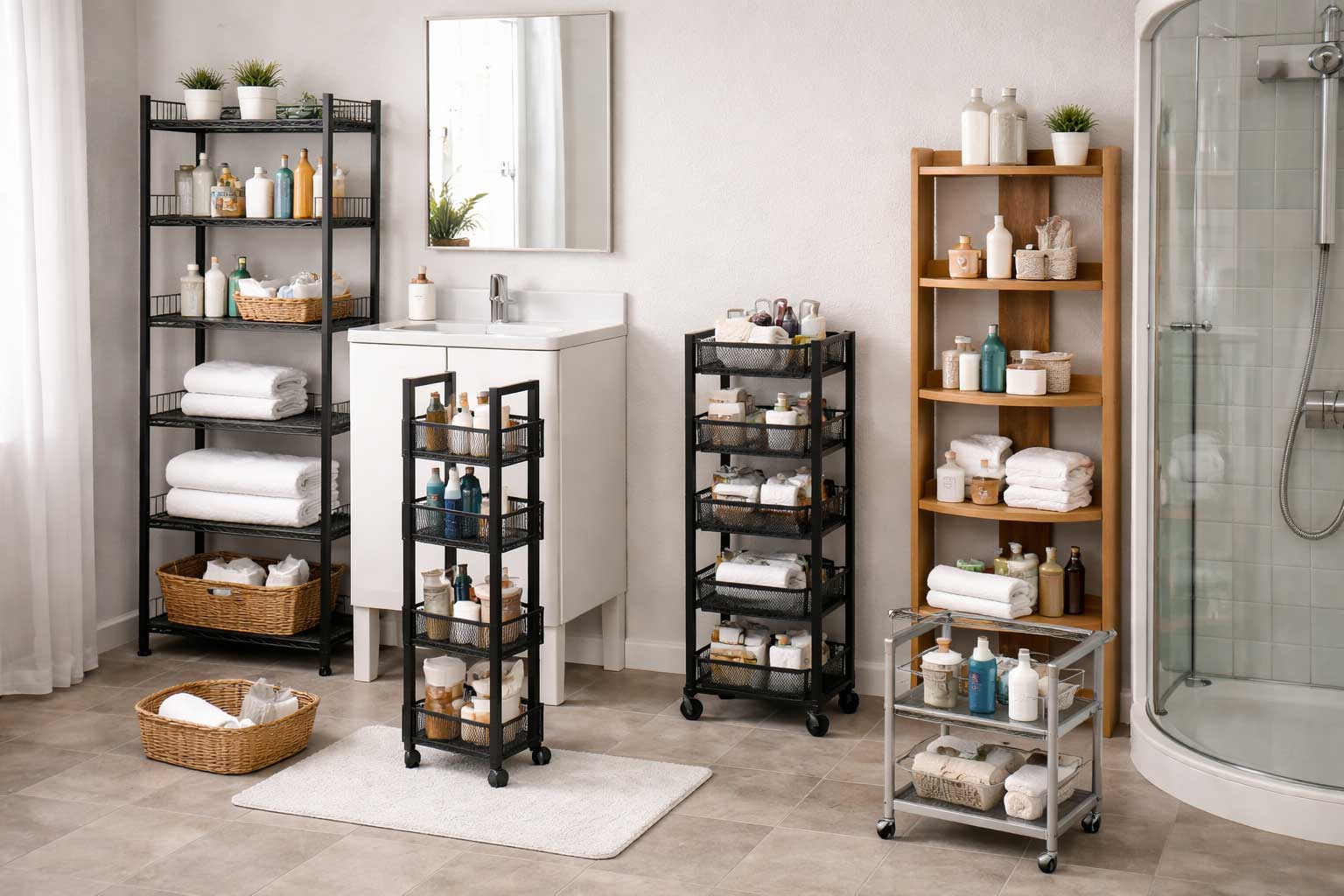 Small apartment bathroom with multiple freestanding shelving units organizing towels, toiletries, and storage baskets near a vanity and shower