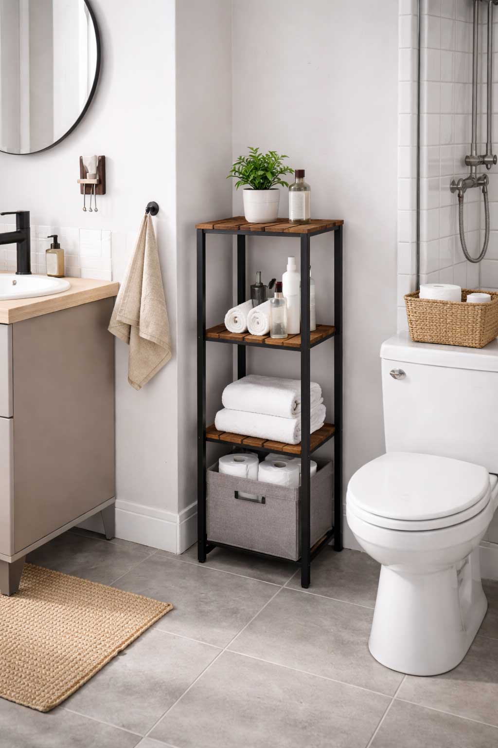 Realistic apartment bathroom with a narrow black-and-wood storage tower between the vanity and toilet, holding towels, toiletries, and extra toilet paper.