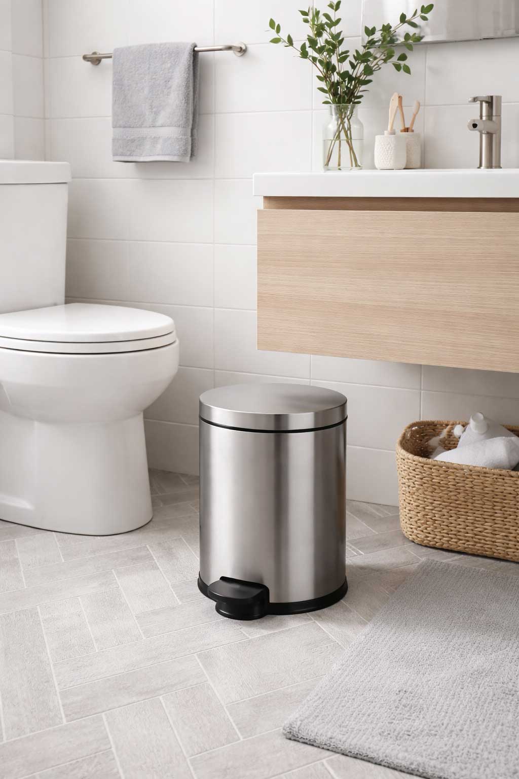 Small apartment bathroom with a compact stainless steel lidded trash can placed beside the toilet and floating wood vanity on light tile flooring.