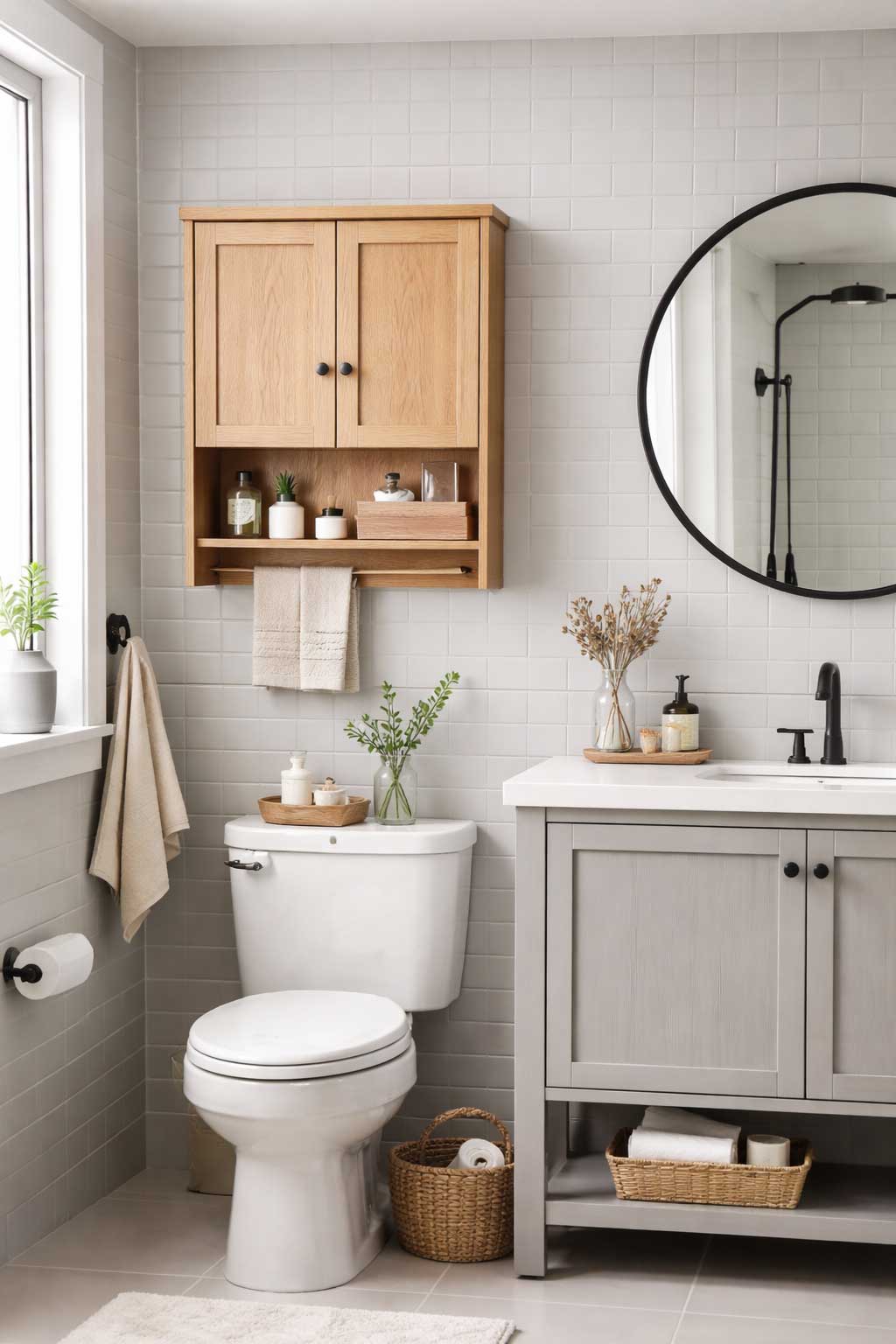Modern apartment bathroom with a light wood wall cabinet above the toilet, open shelf below, and a gray vanity with black fixtures beside a round mirror.