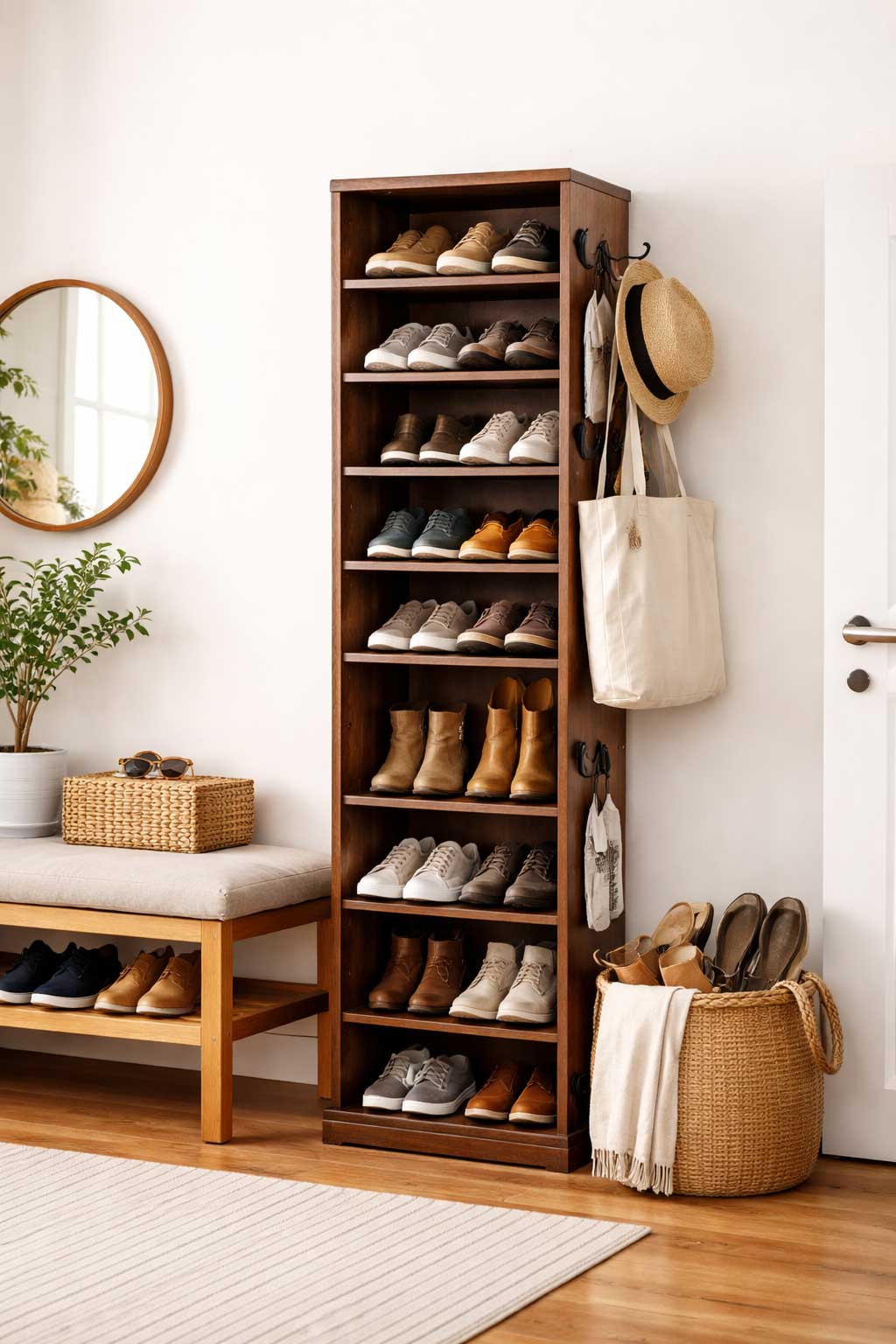 Realistic apartment entryway with a tall narrow shoe storage tower filled with shoes beside a bench, woven basket, and hanging accessories in a bright small-space interior.