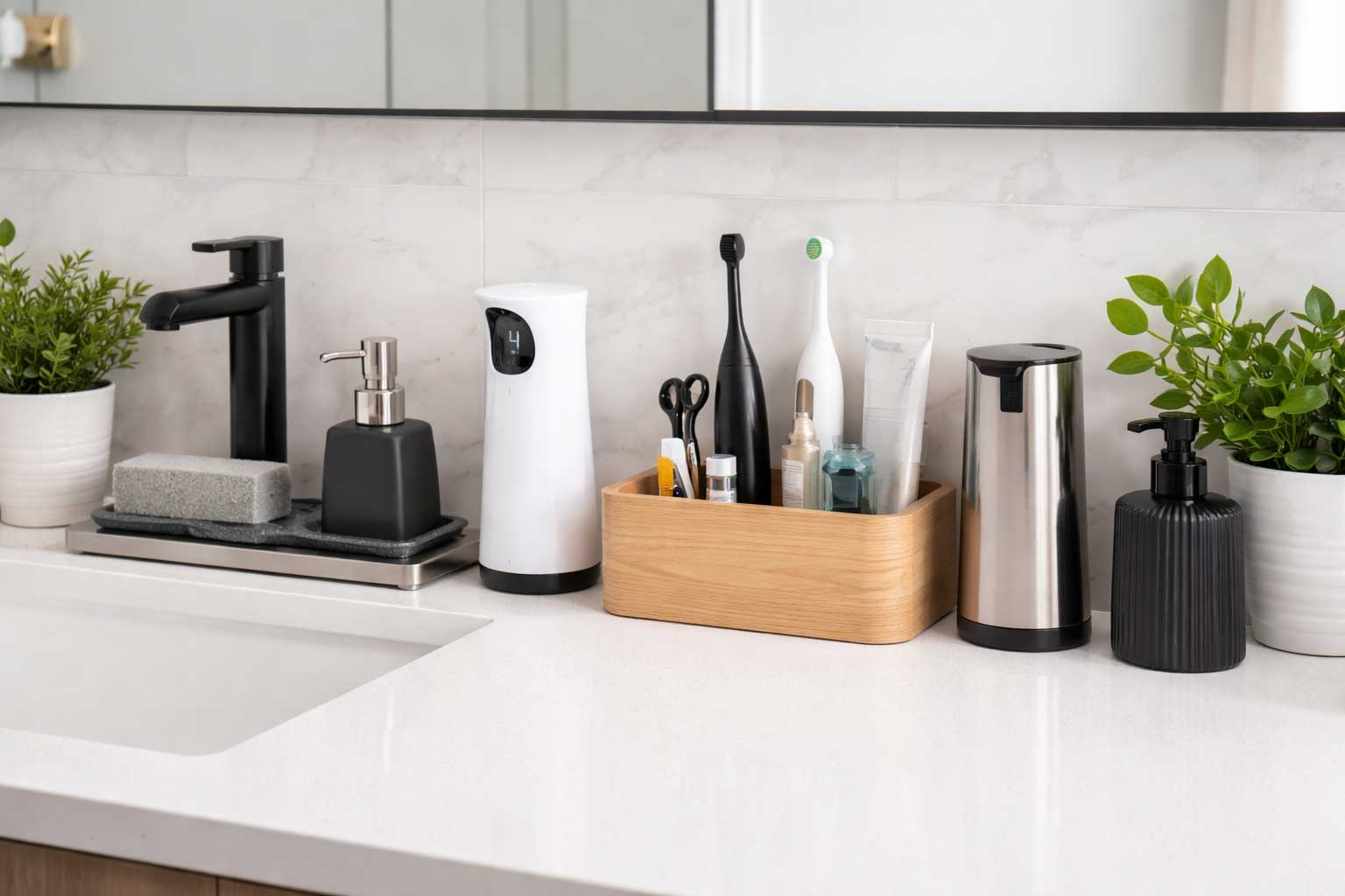 Modern apartment bathroom vanity with a matte black faucet, soap dispensers, a diatomaceous sink tray, and a wood-look caddy holding toothbrushes and sink-side essentials on a white countertop.