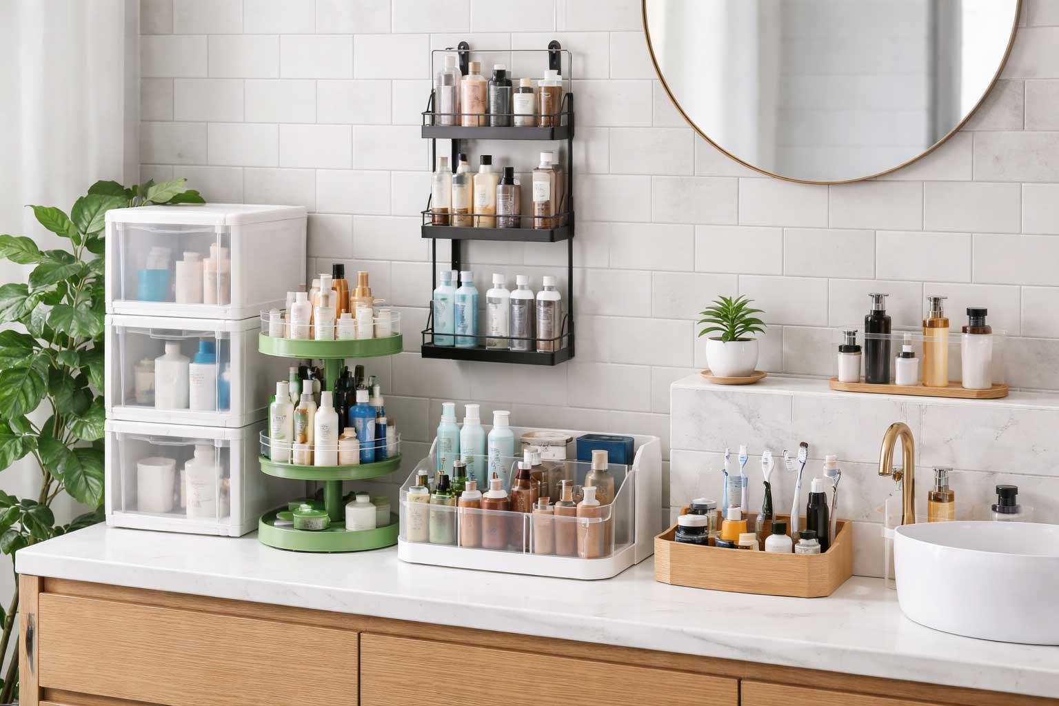 Modern bathroom vanity with space-saving toiletry organizers, including stacked bins, a rotating organizer, hanging storage, and divided trays arranged neatly on a white countertop.