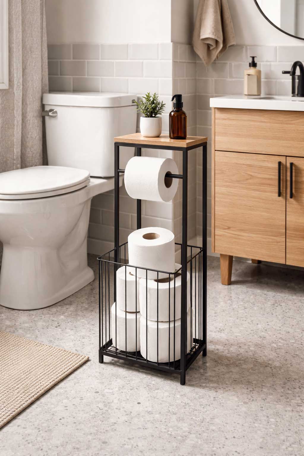 Well-designed small apartment bathroom with a freestanding toilet paper holder featuring extra roll storage and a top shelf beside the toilet and wood vanity.