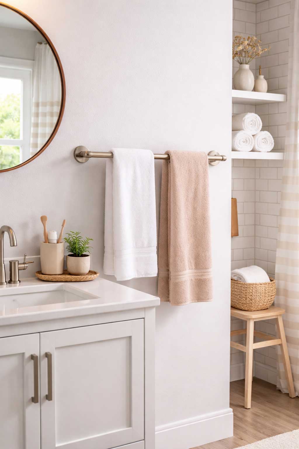 Small condo bathroom with a wall-mounted towel rack holding white and beige towels beside a compact vanity, round mirror, and built-in shelf.
