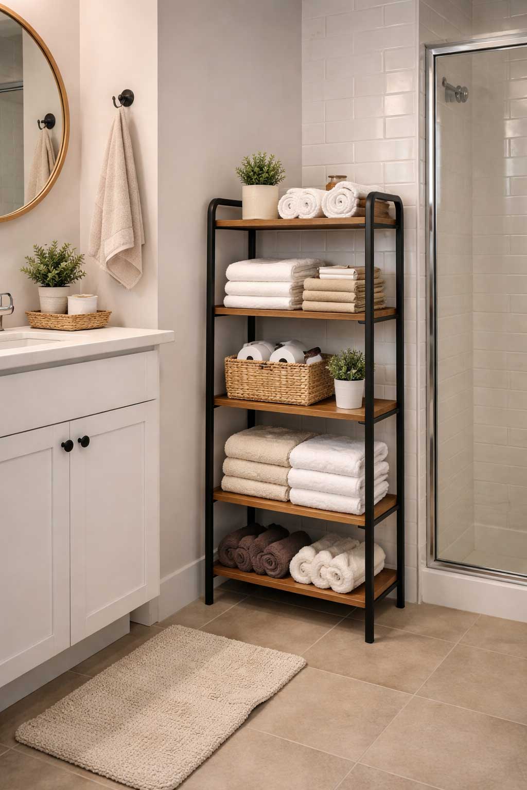 Realistic small apartment bathroom corner with a black metal and wood towel storage shelf beside a white vanity and glass shower, neatly arranged with folded towels, rolled towels, and woven baskets.