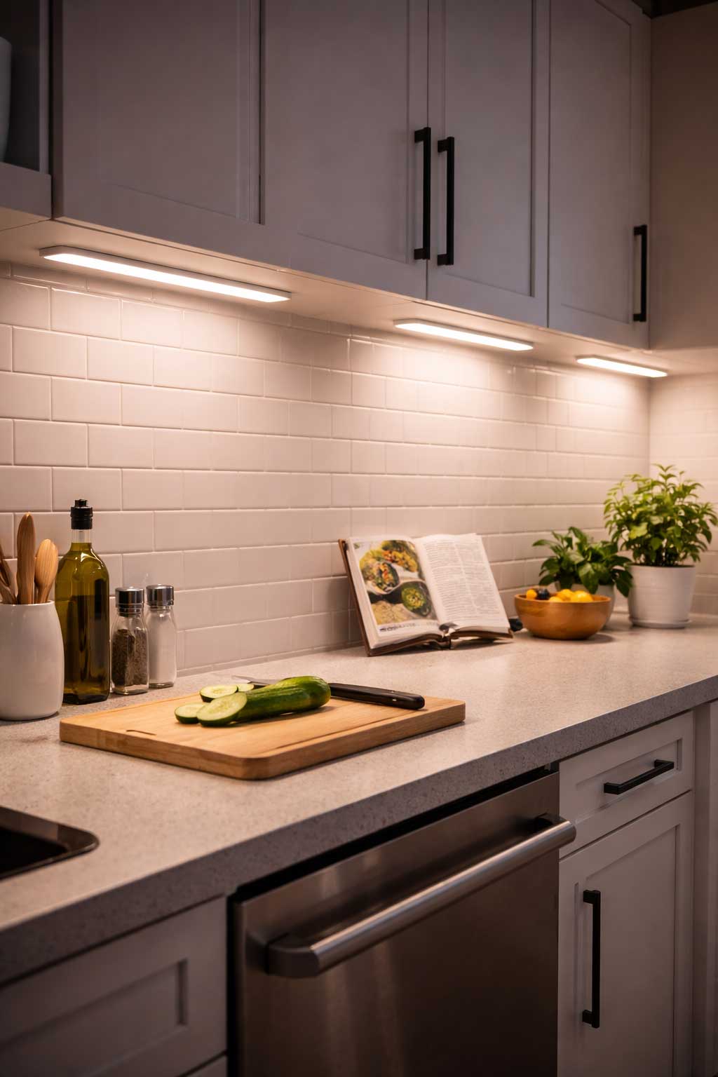 under cabinet LED light bars illuminating a small apartment kitchen countertop and backsplash