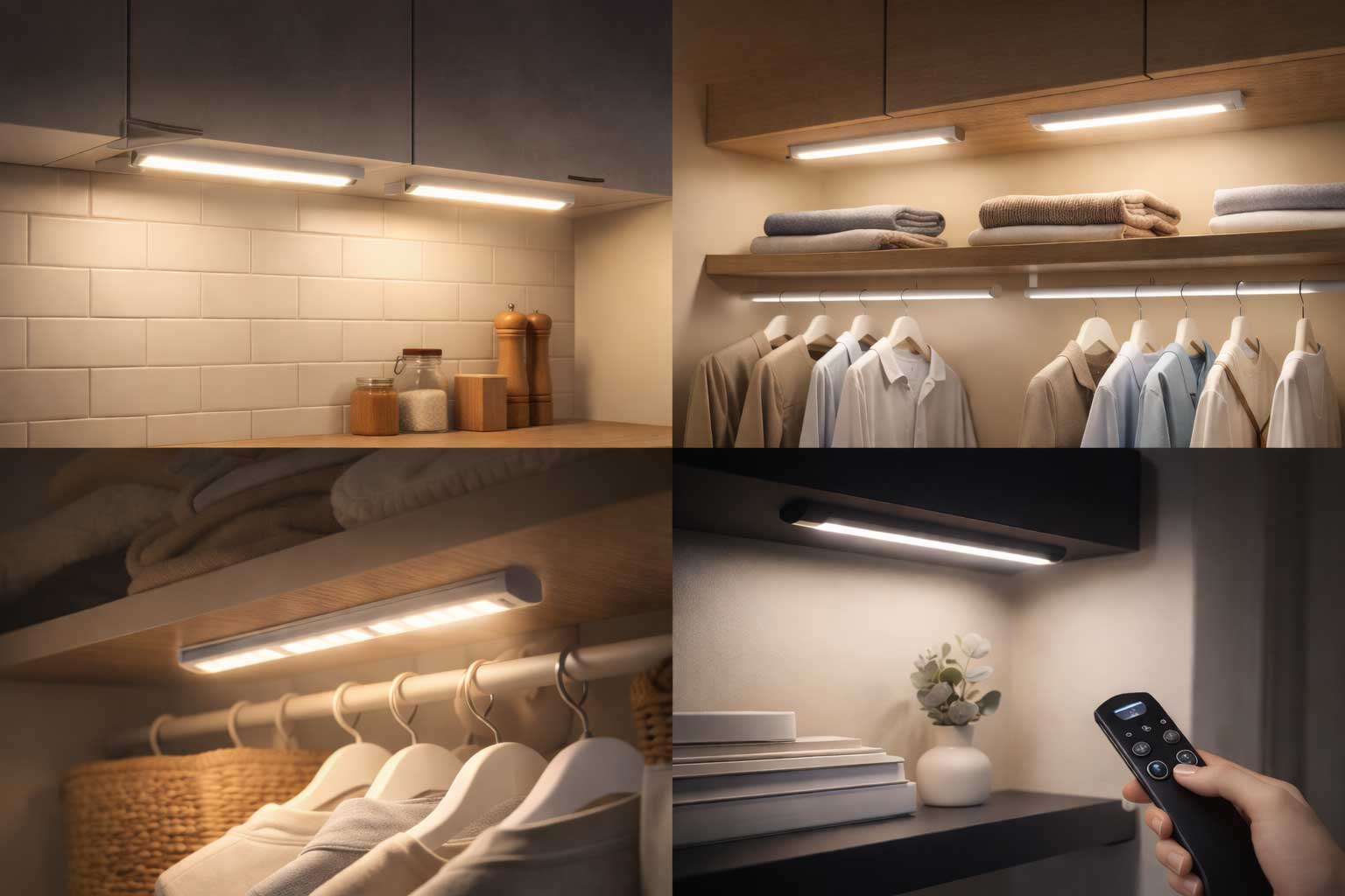 Under-shelf LED lighting installed in a small apartment kitchen, closet, and shelf areas, showing slim light bars illuminating countertops, hanging clothes, and display shelves.