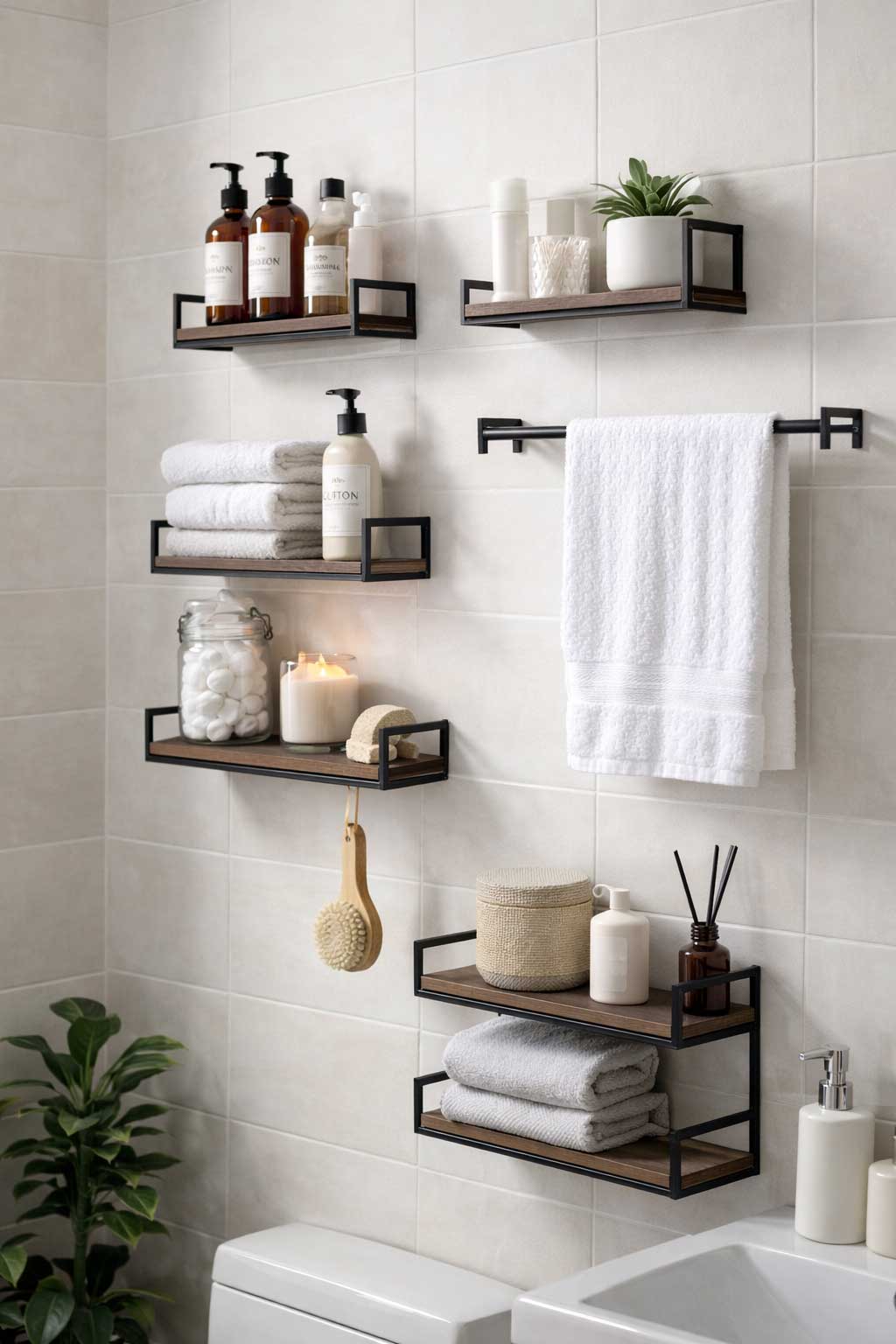 Small apartment bathroom with black wall-mounted shelves holding toiletries, folded towels, and decorative accents above the toilet and beside the sink.