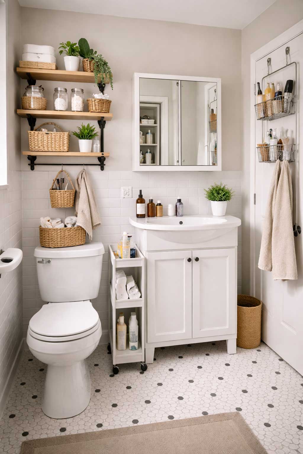 Small apartment bathroom with added storage solutions, featuring a compact vanity, wall shelves, over-the-door baskets, a slim rolling cart, and neatly organized toiletries in an authentic condo-style interior.
