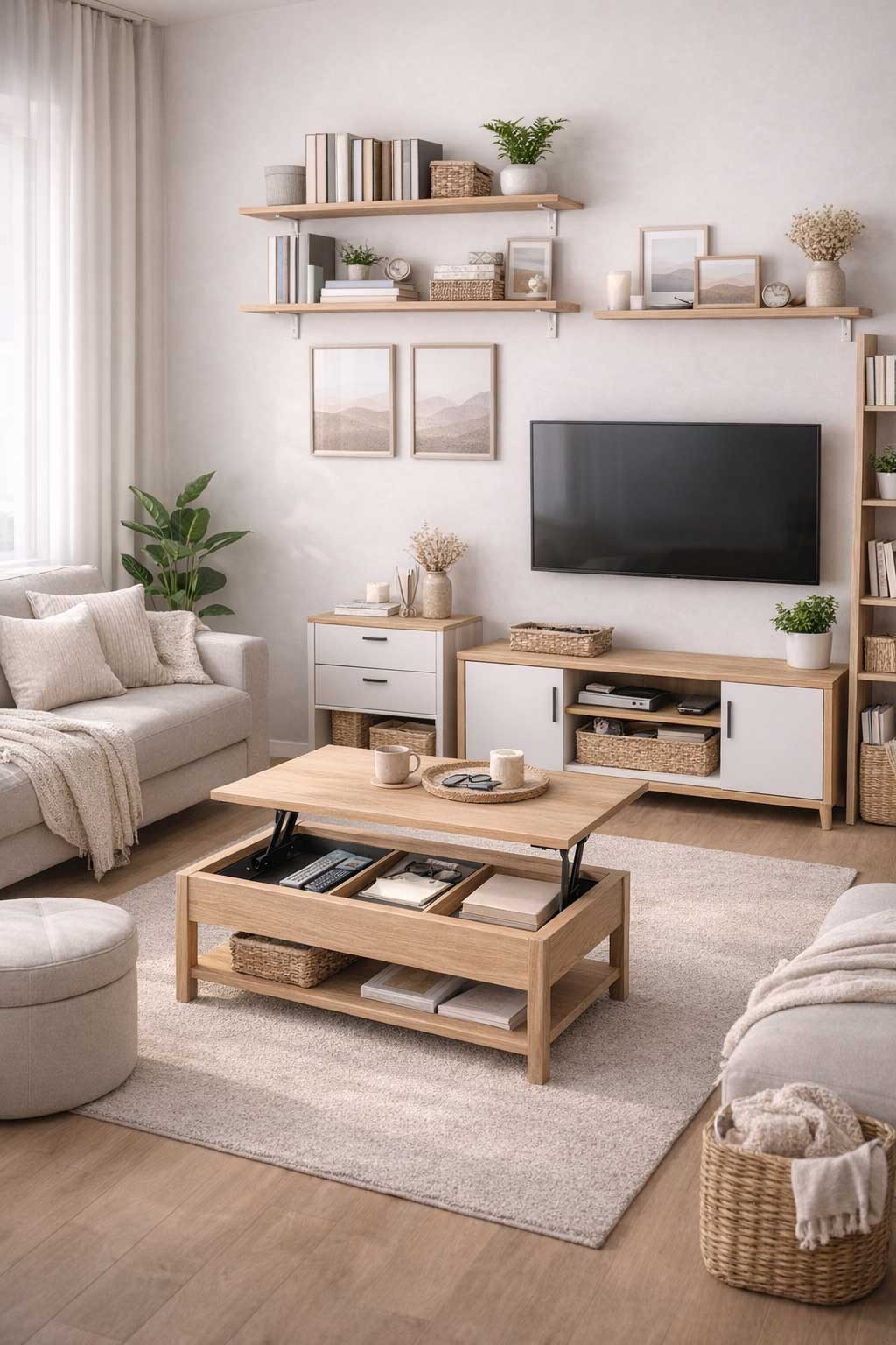 Small apartment living room with added storage, featuring a lift-top coffee table, floating wall shelves, media console, slim side cabinet, baskets, and a clean layout that keeps the room open and organized.