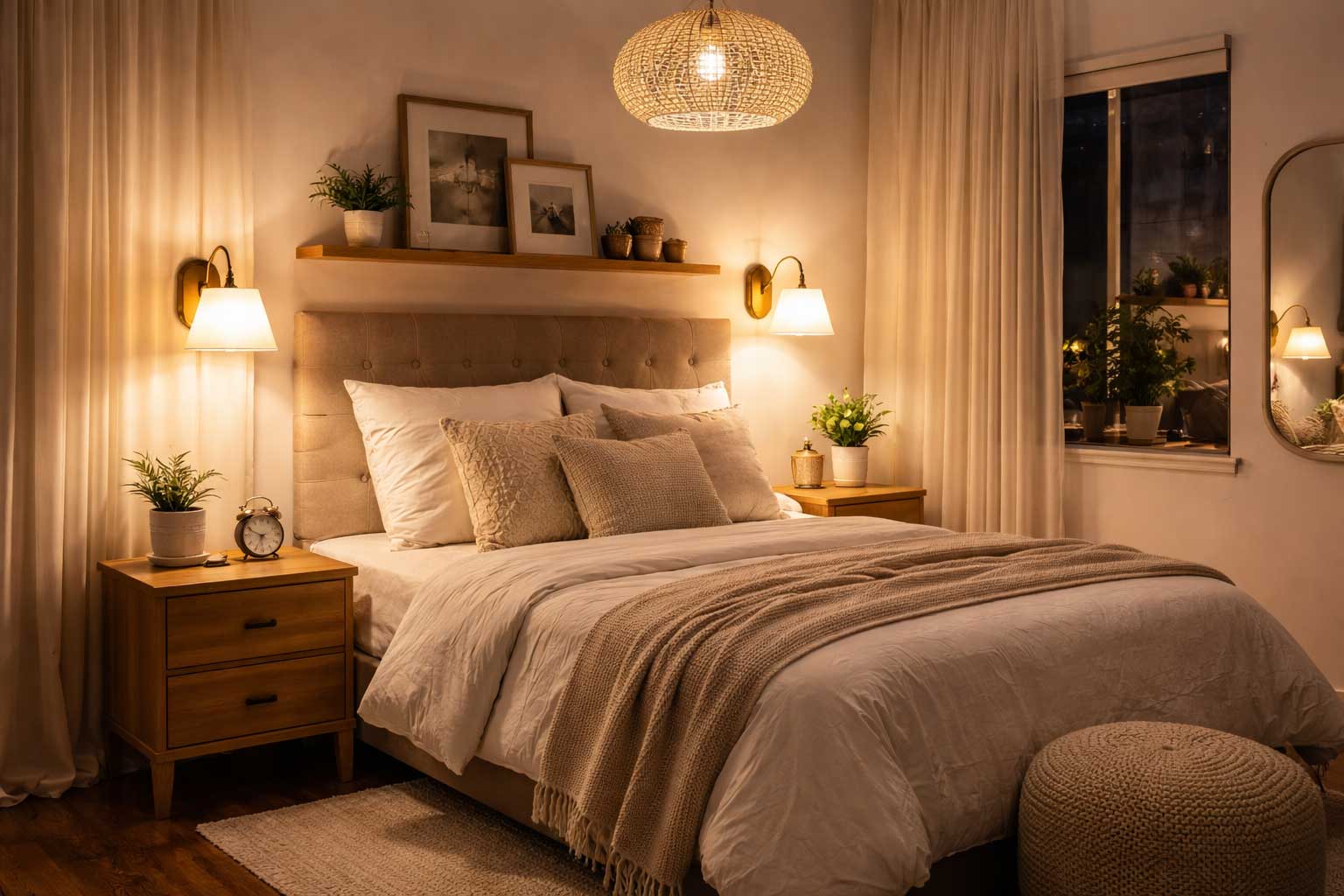 Cozy small apartment bedroom with layered lighting from bedside sconces, a pendant light, and a soft neutral color palette creating a warm, relaxing atmosphere.