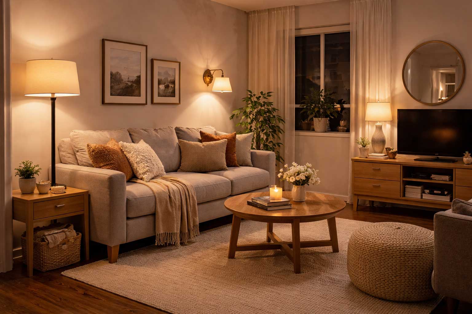 Cozy small apartment living room at night with layered lighting from a floor lamp, wall sconce, and table lamp, plus a sofa, coffee table, TV console, and warm neutral decor.