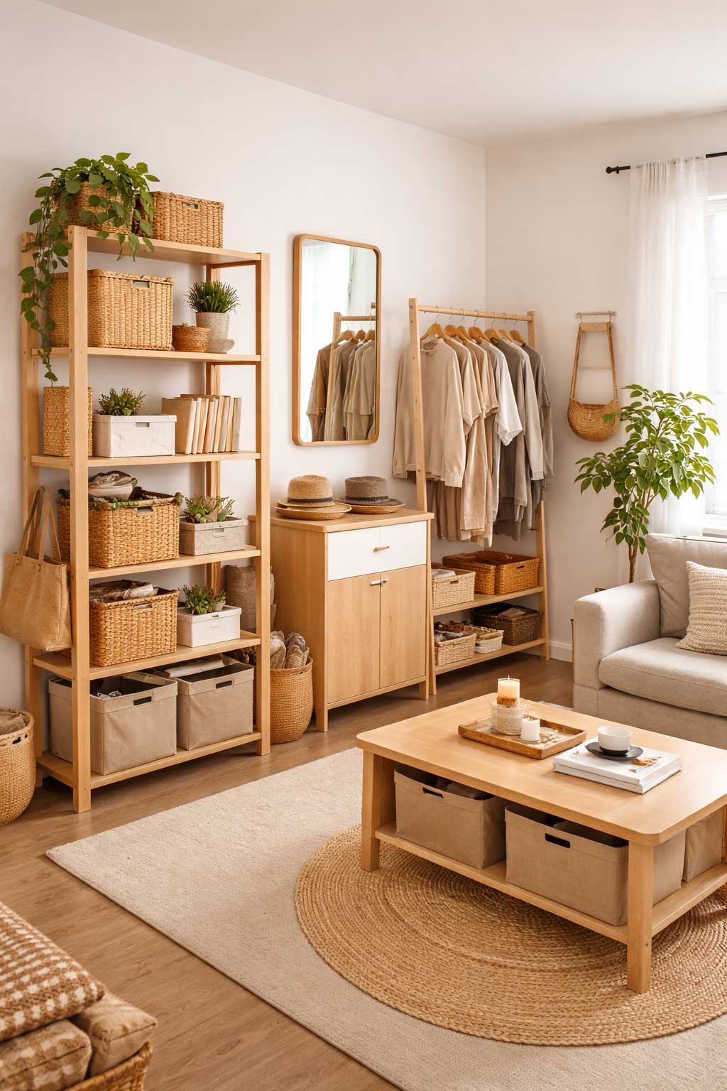 Small apartment interior with renter-friendly storage, featuring freestanding shelves, woven baskets, a compact cabinet, an open clothing rack, and a coffee table with fabric bins in a warm, natural layout.