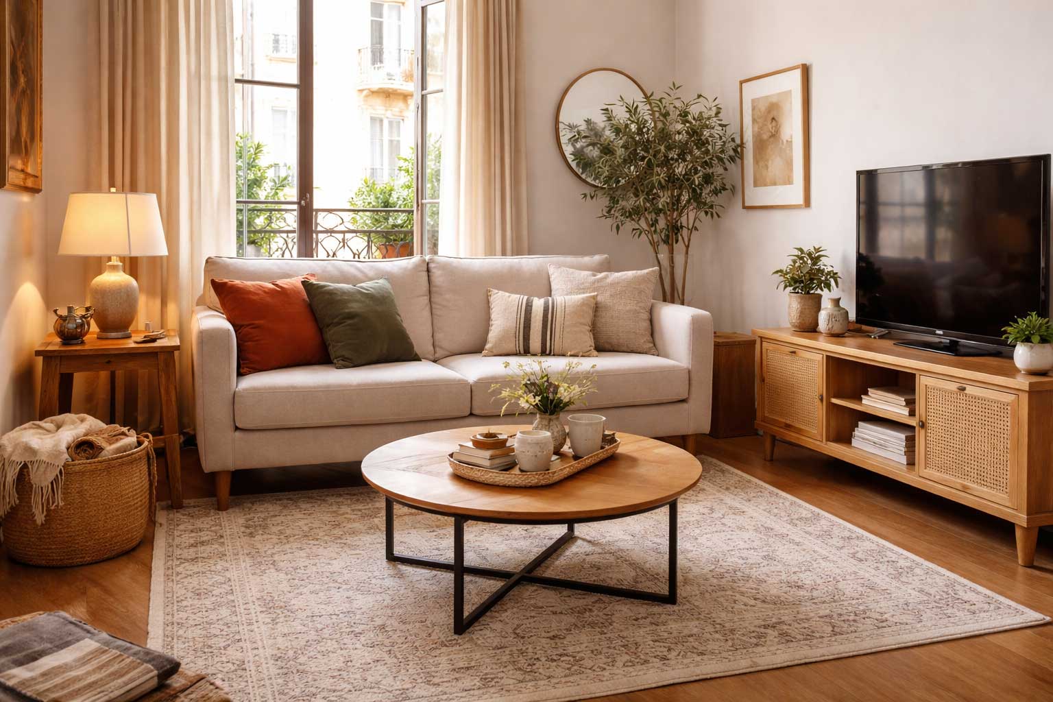 Cozy small apartment living room with a round coffee table, neutral sofa, warm wood furniture, tall balcony doors, and layered decor that gives the space a lived-in European apartment feel.