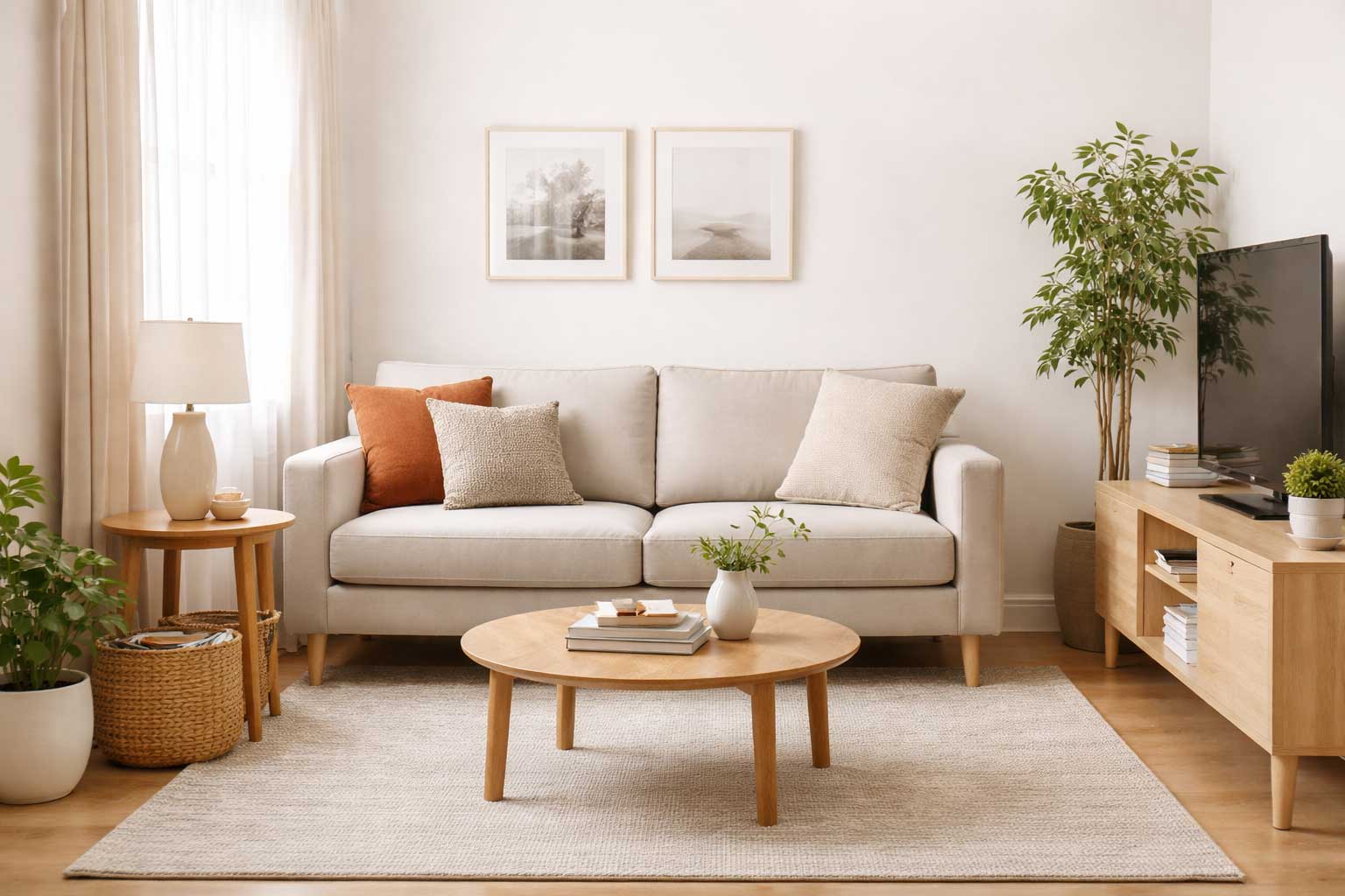 Small apartment living room with a compact light beige sofa, round wood coffee table, side lamp, media console, and neutral decor in a bright, airy layout.