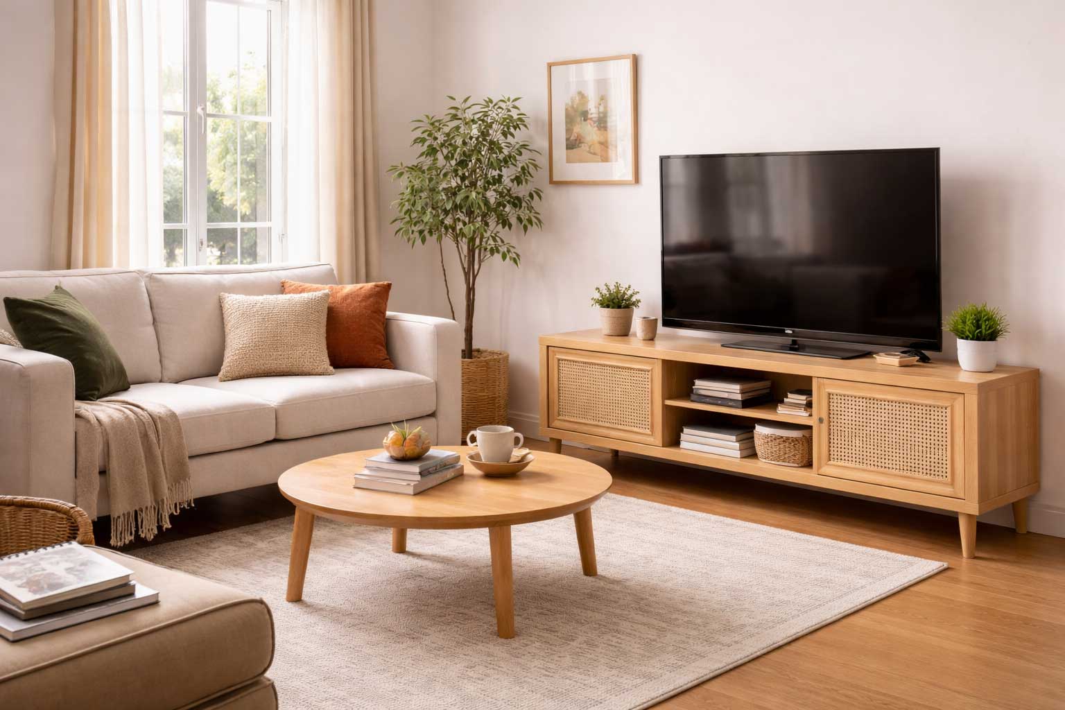 Small apartment living room with a light wood TV stand, flat-screen TV, compact sofa, round coffee table, and warm neutral decor in a bright, airy space.