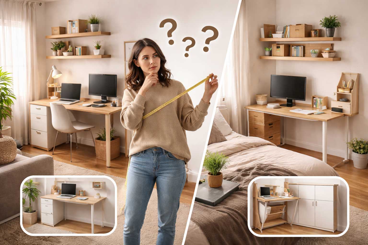 Woman in a small apartment measuring space and comparing desk options, with compact home office setups shown in a bright bedroom and living area.