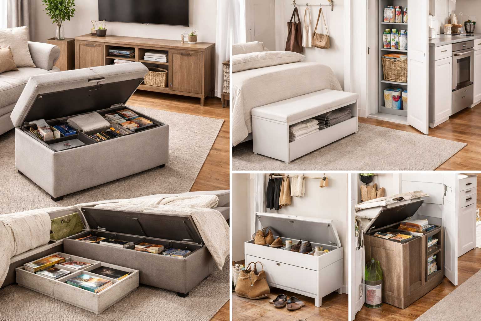 Small apartment interior with hidden storage, featuring a storage ottoman, concealed media console, under-bed drawers, an entry bench with storage, and closed cabinets that keep everyday items tucked out of sight.
