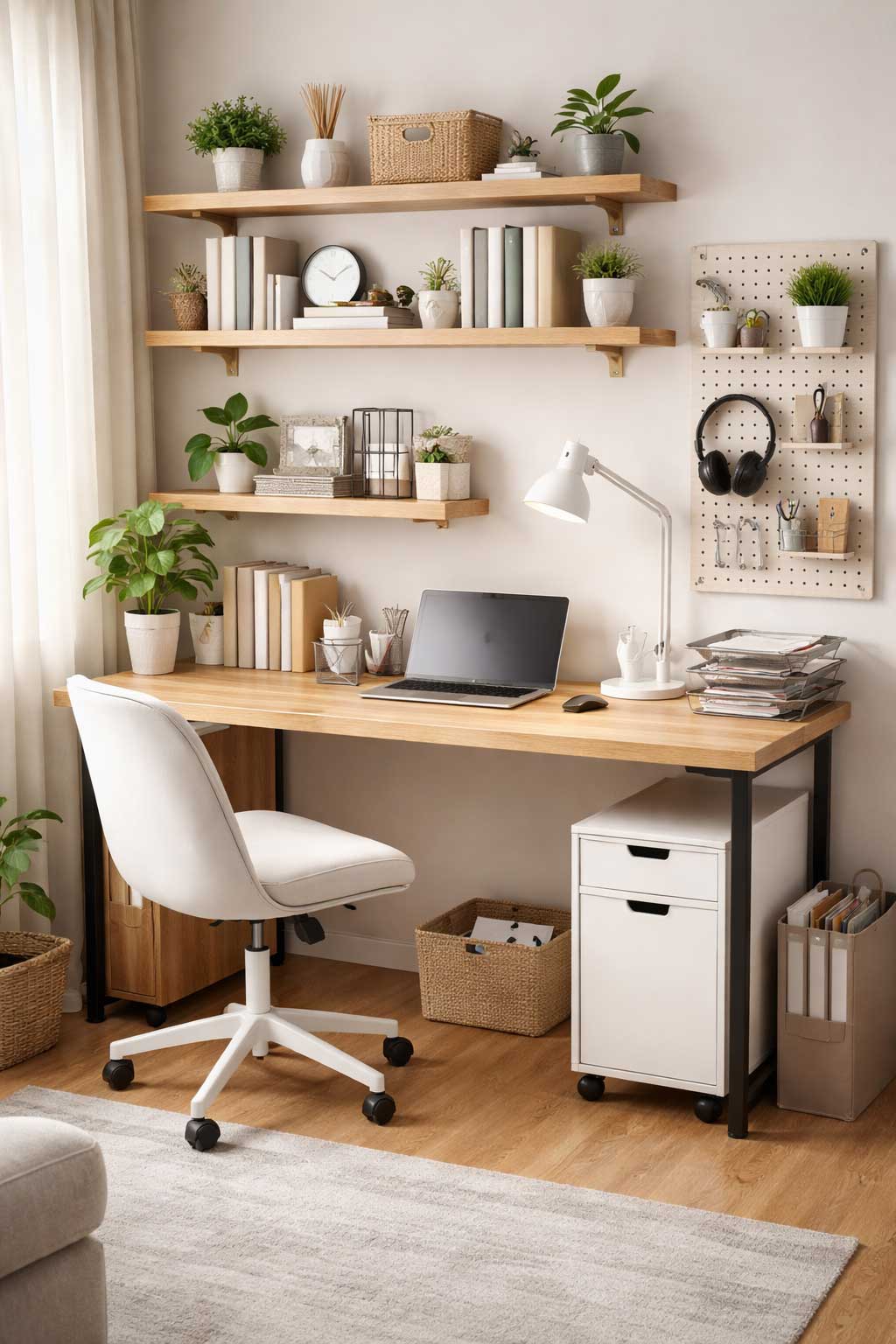 Small apartment desk setup with added storage, featuring floating shelves, a pegboard organizer, under-desk drawer space, a slim file cabinet, and neatly arranged office essentials in a cozy home office corner.