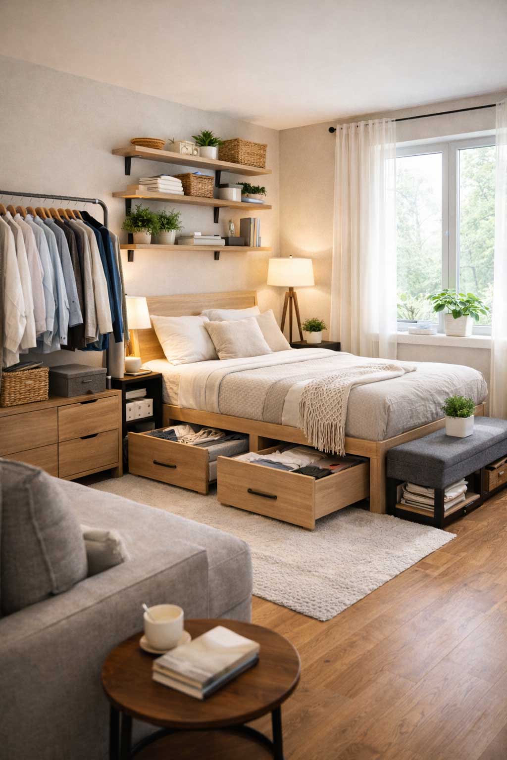 Small studio apartment bedroom with storage bed drawers, clothing rack, floating wall shelves, and storage bench creating organized storage without a closet.