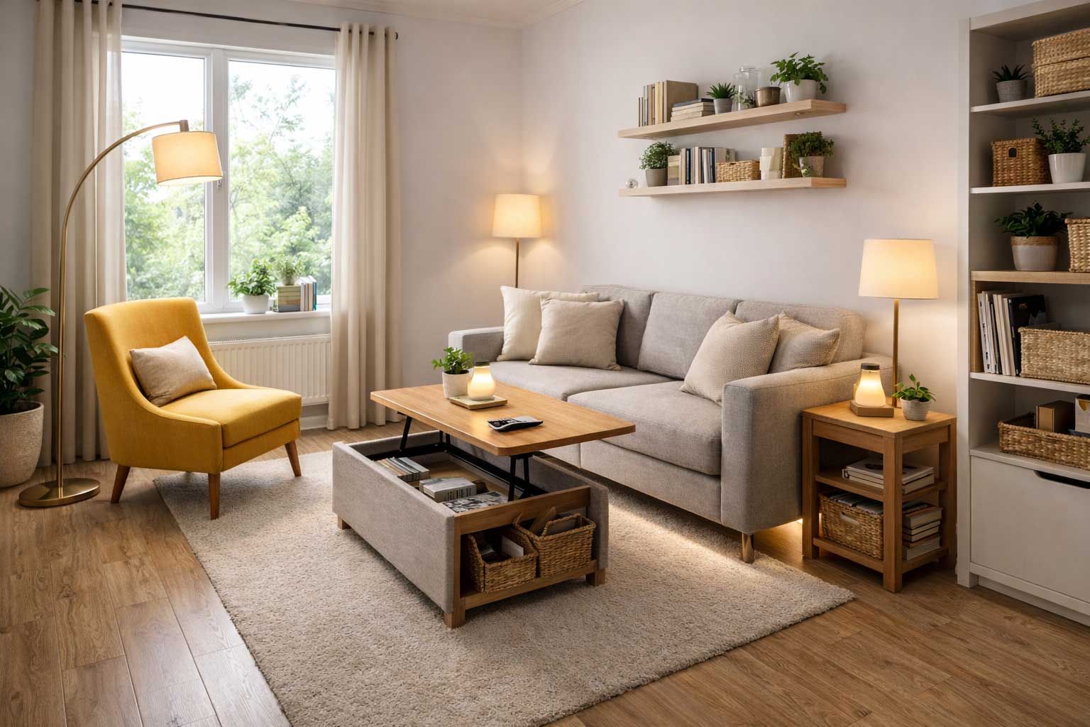 Small apartment living room layout with compact sofa, accent chair, lift-top coffee table, floating shelves, and layered lighting arranged to maximize space.