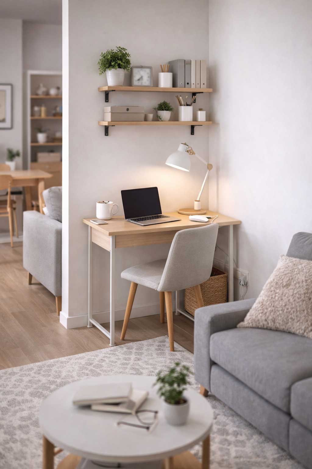 Small apartment home office setup in a living room corner, featuring a compact desk, chair, floating shelves, task lamp, and an integrated workspace that blends naturally into the apartment layout.
