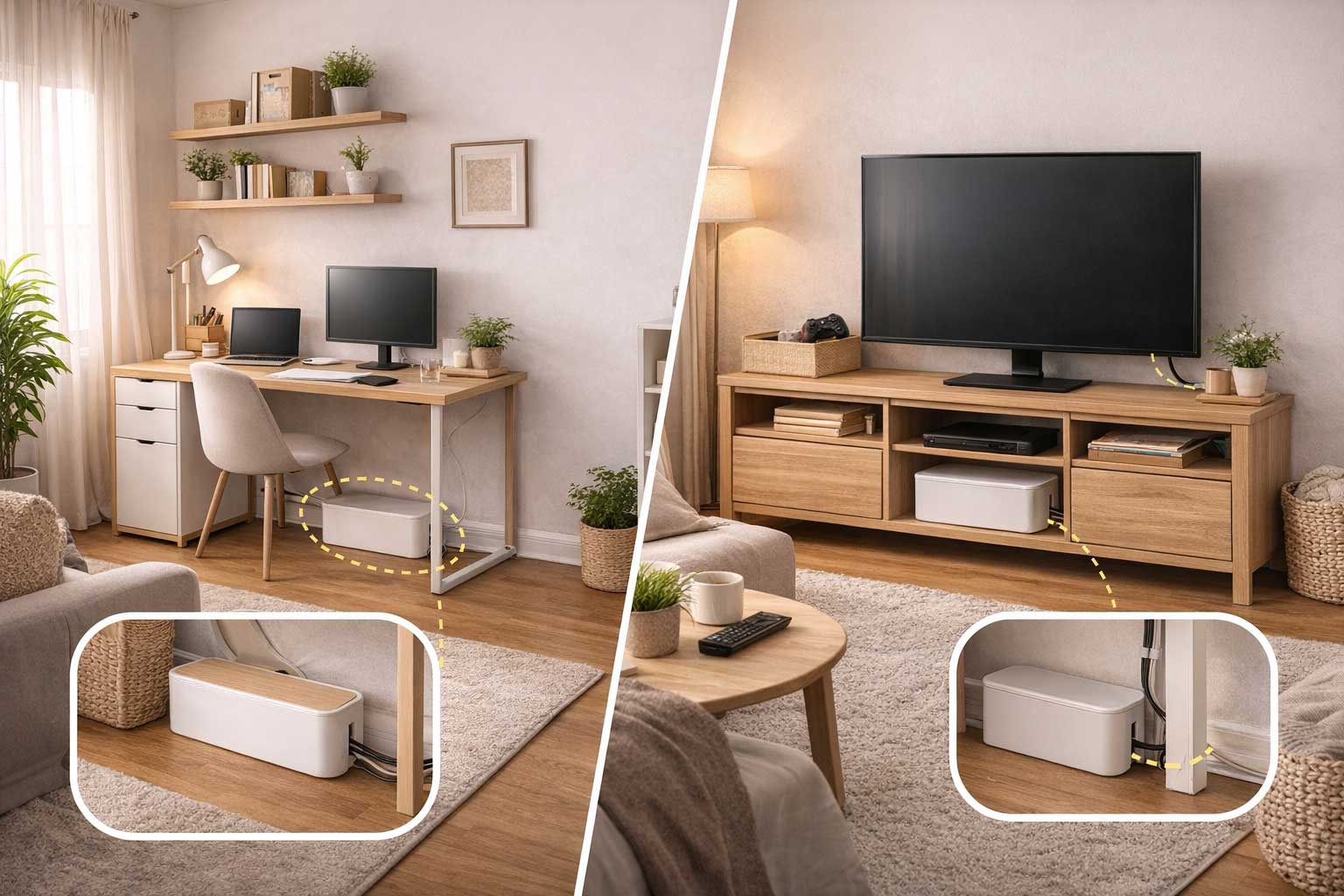 Small apartment workspace and living room with hidden cable management, showing a tidy desk, TV console, concealed cords, and a clean neutral setup.