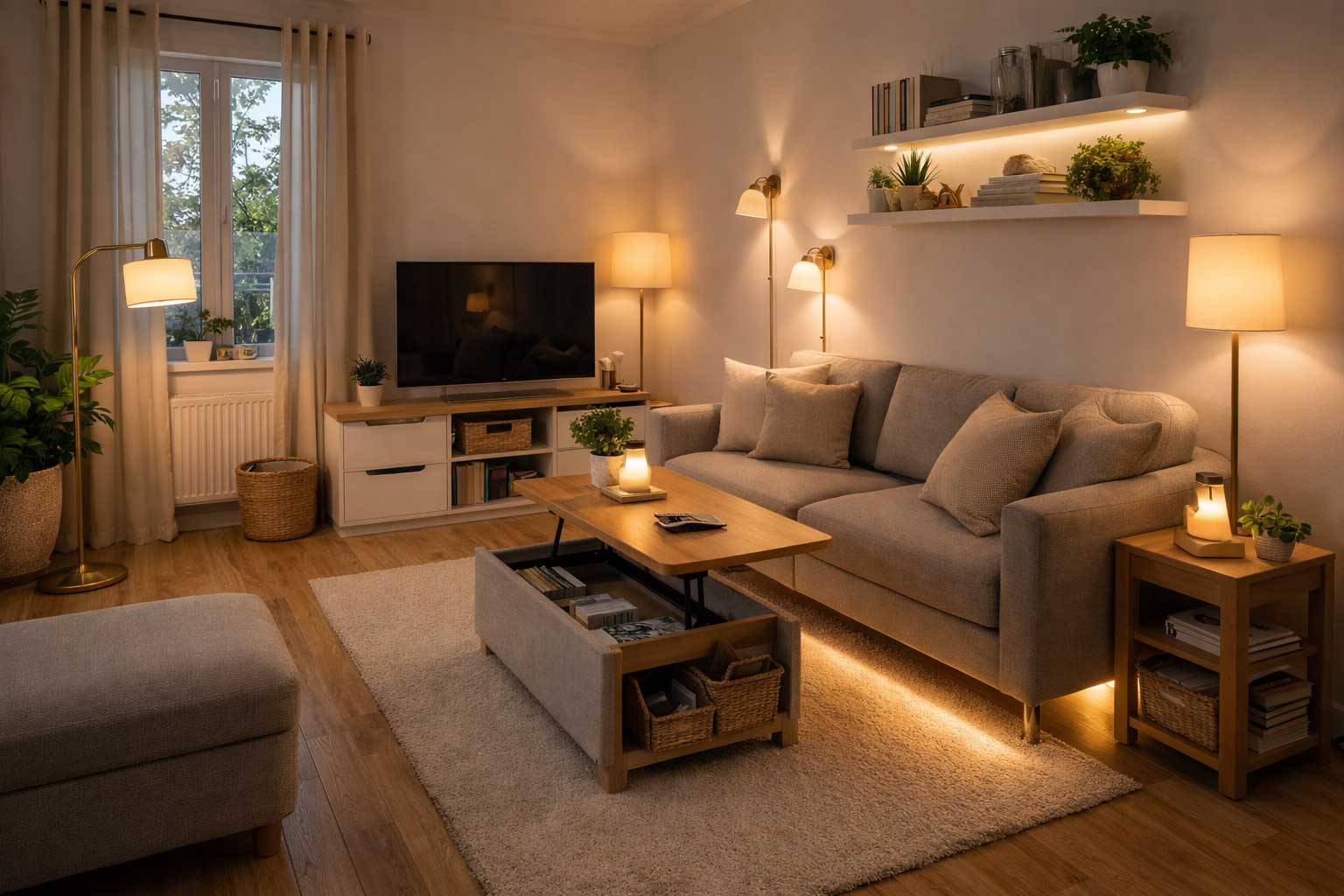 Small apartment living room with layered lighting including floor lamps, table lamps, wall sconces, and LED accent lighting creating a warm and well-lit modern interior.