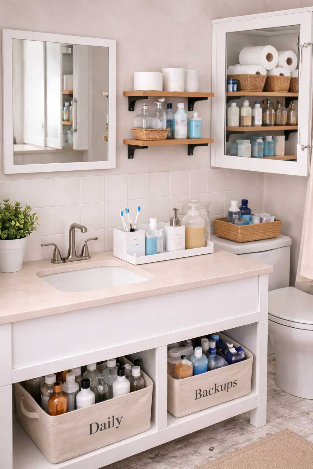Small apartment bathroom sink area with a clean vanity, compact countertop organizer, toothbrush holder, soap dispenser, mirrored cabinet, floating shelves, and neatly arranged bathroom essentials.