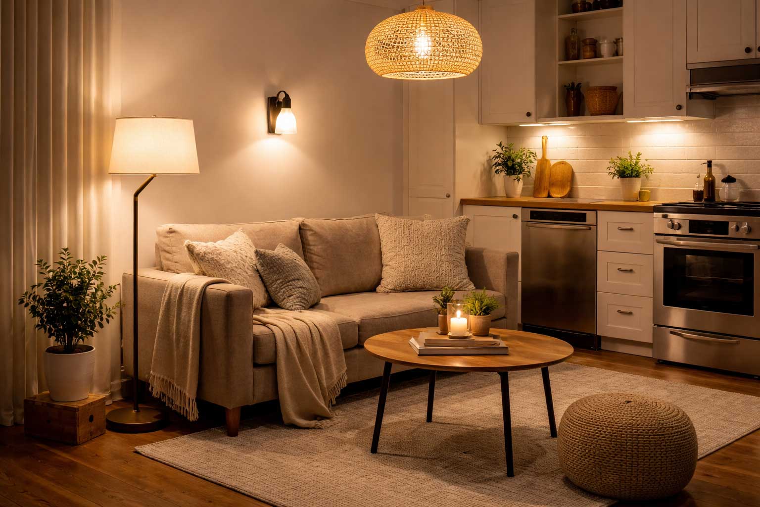 Cozy small apartment living room at night with layered lighting from a floor lamp, wall sconce, pendant light, and under-cabinet kitchen lights creating a warm, inviting atmosphere.