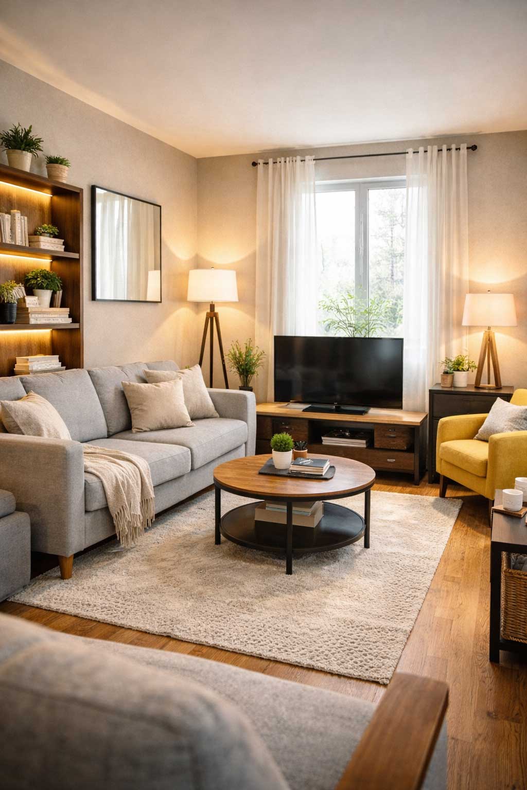 Bright small apartment living room with floor lamps, table lamps, natural window light, and LED shelf lighting creating a warm and well-lit interior.