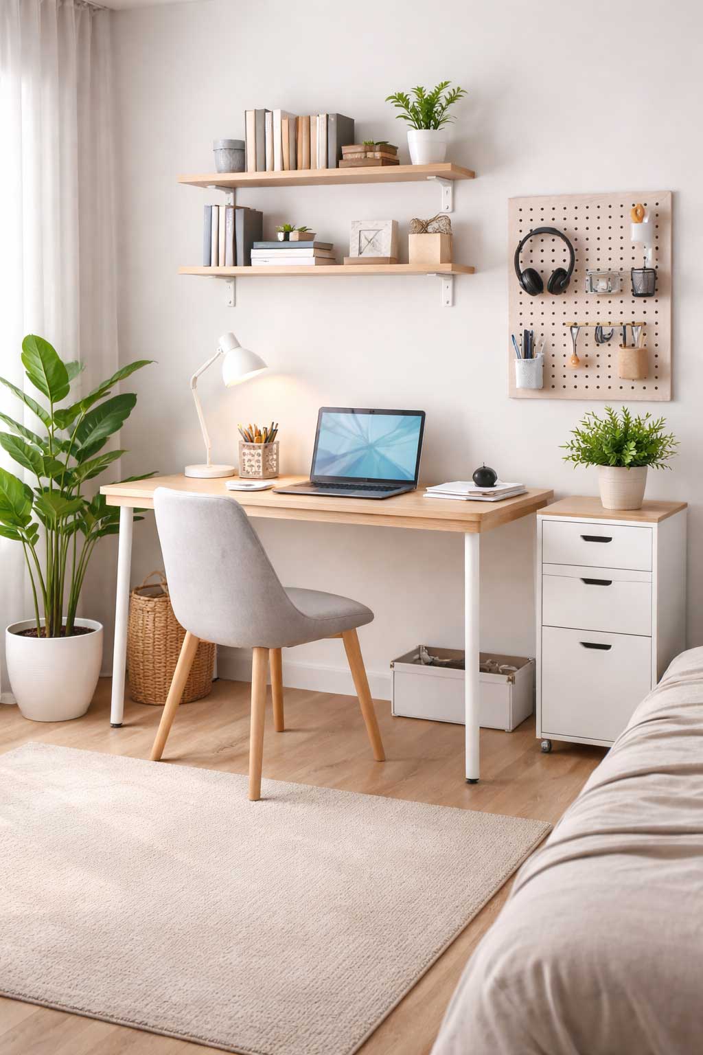 Small apartment work area with a compact desk, task lamp, floating shelves, pegboard organizer, slim drawer unit, and neatly arranged office essentials in a calm shared-room setup.