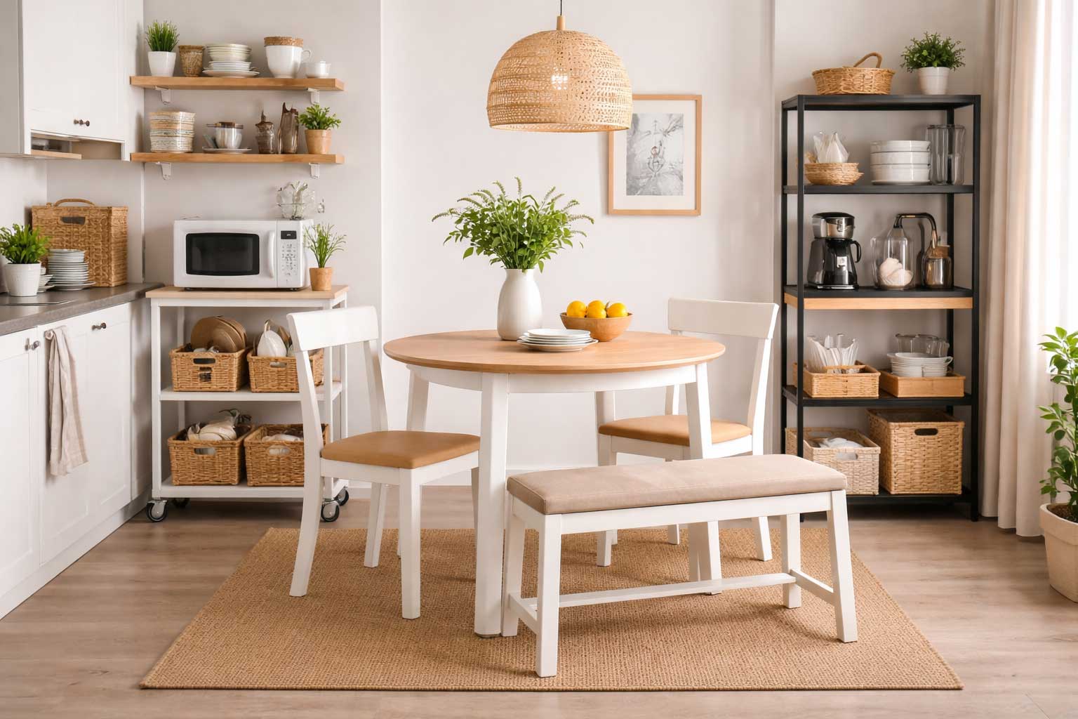 Small apartment dining area with a round table, bench seating, compact chairs, nearby storage shelves, and a warm pendant light creating a functional layout for everyday meals and daily use.