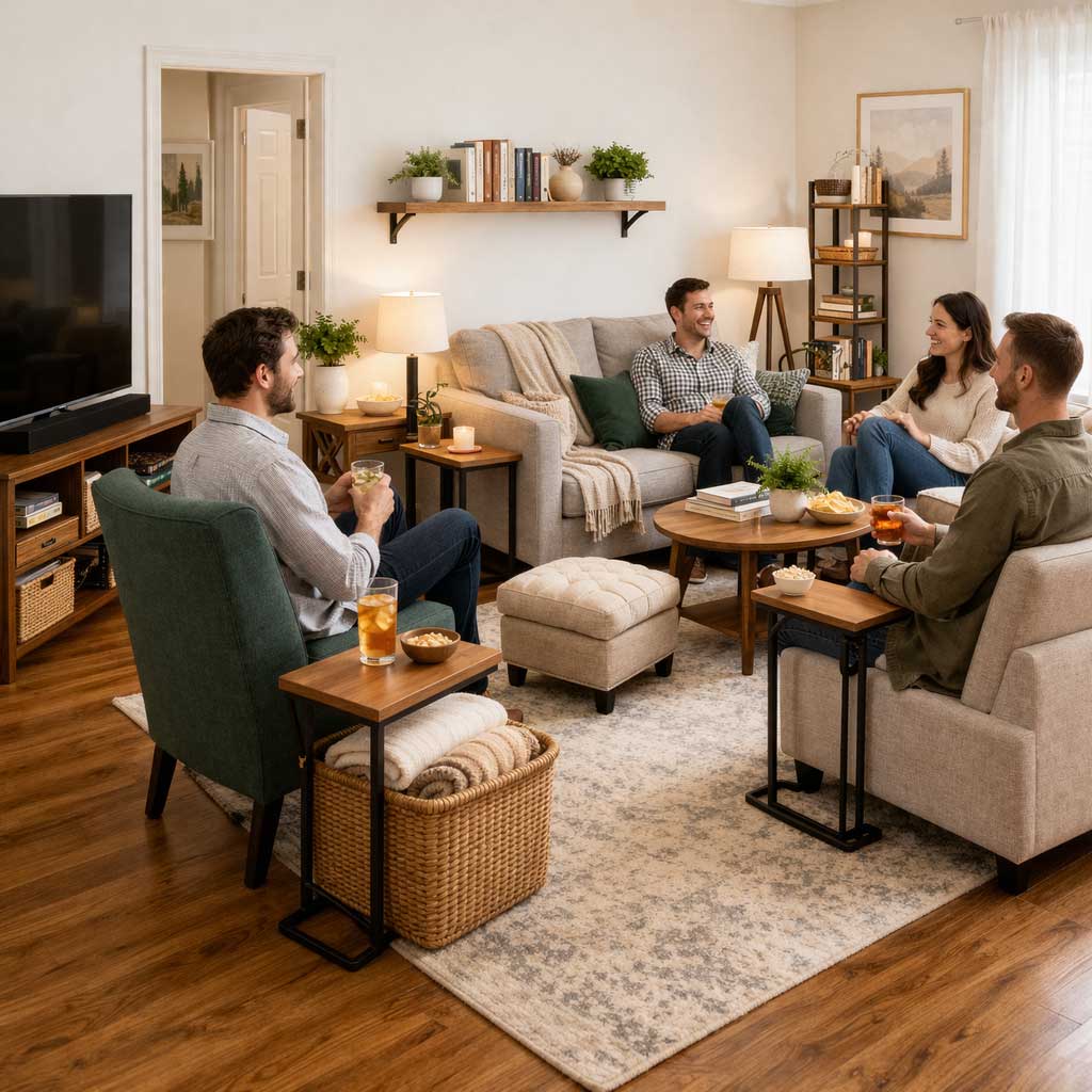 Small apartment living room arranged for guests, featuring a compact sofa, accent chairs, side tables, soft layered lighting, and a conversational seating layout that feels warm, open, and welcoming.