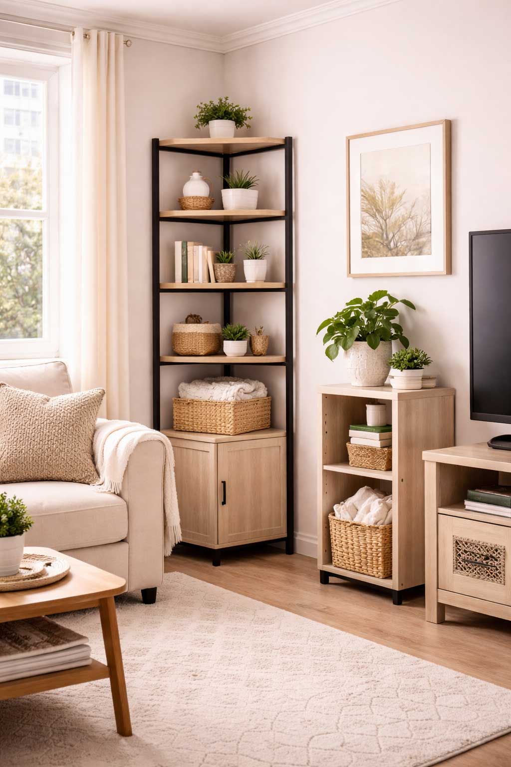 Organized living room corner in a small apartment with corner shelving, woven storage baskets, a cozy armchair, neutral decor, and compact furniture for added storage.