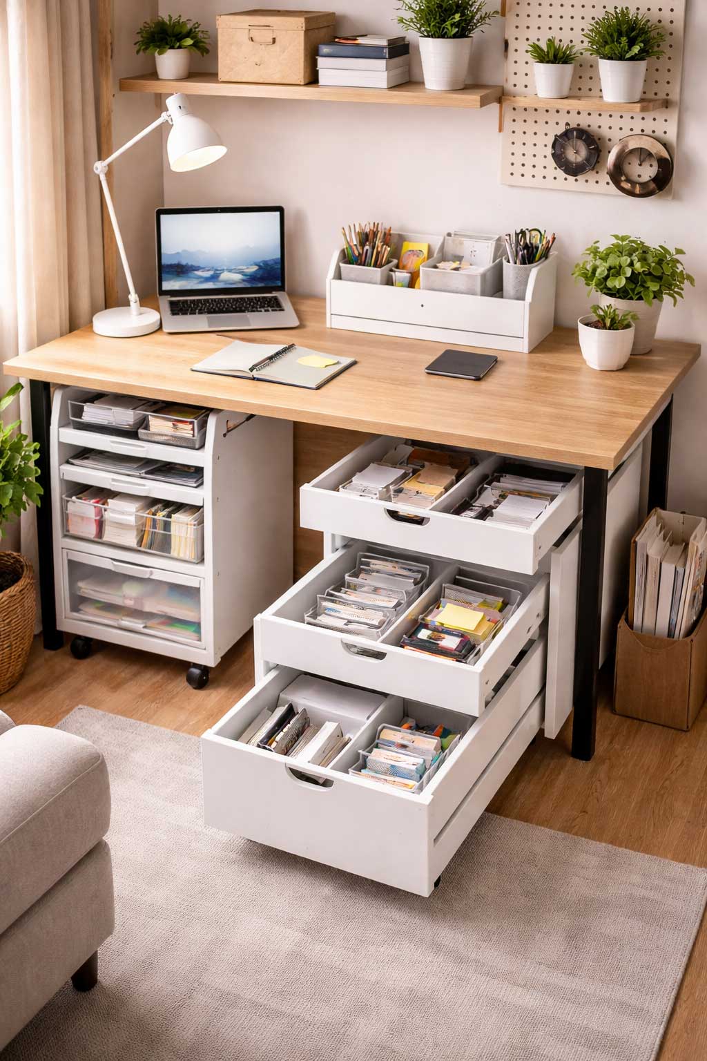 Small apartment workspace with organized office supplies, featuring a desk organizer, drawer storage, a rolling cart, floating shelf, pegboard, and neatly arranged work essentials in a compact home office setup.