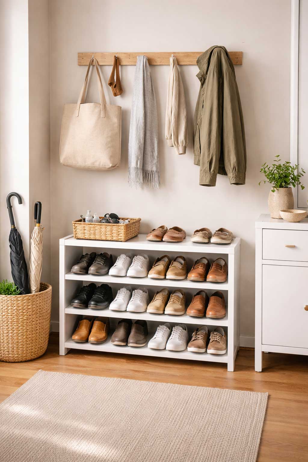 Organized shoe storage in a small apartment entryway with a compact shoe rack, neatly arranged footwear, wall hooks, umbrellas, and simple neutral decor.