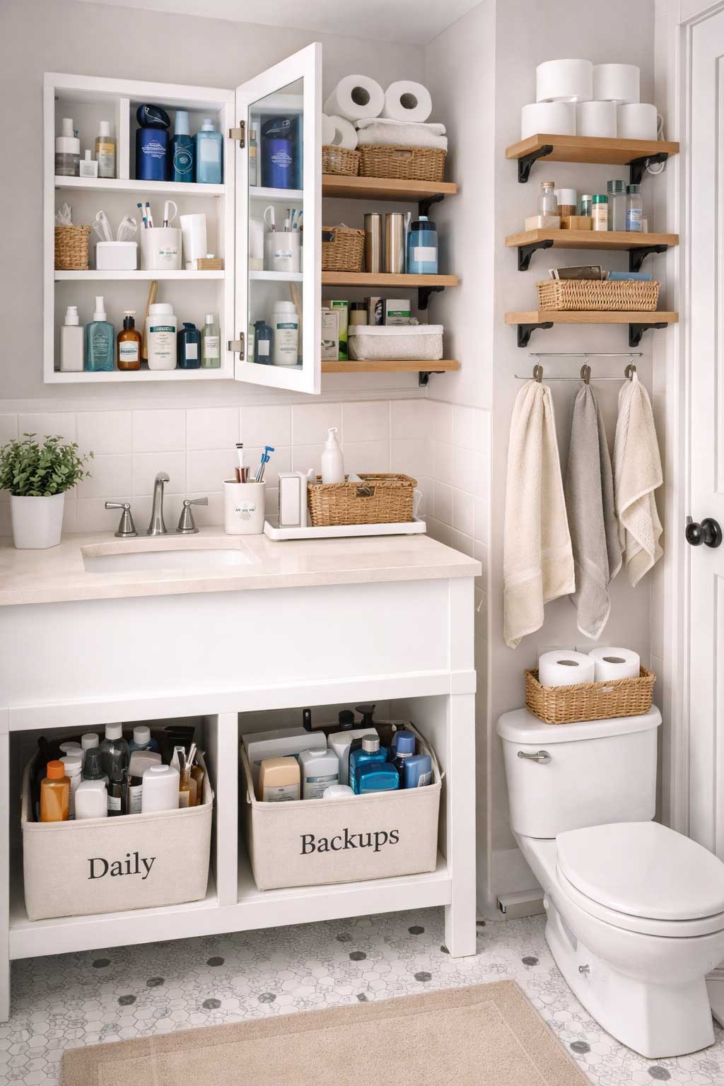Small apartment bathroom with organized toiletries, featuring a vanity with open bins, a medicine cabinet, floating shelves, towel hooks, and neatly arranged everyday and backup bathroom essentials.